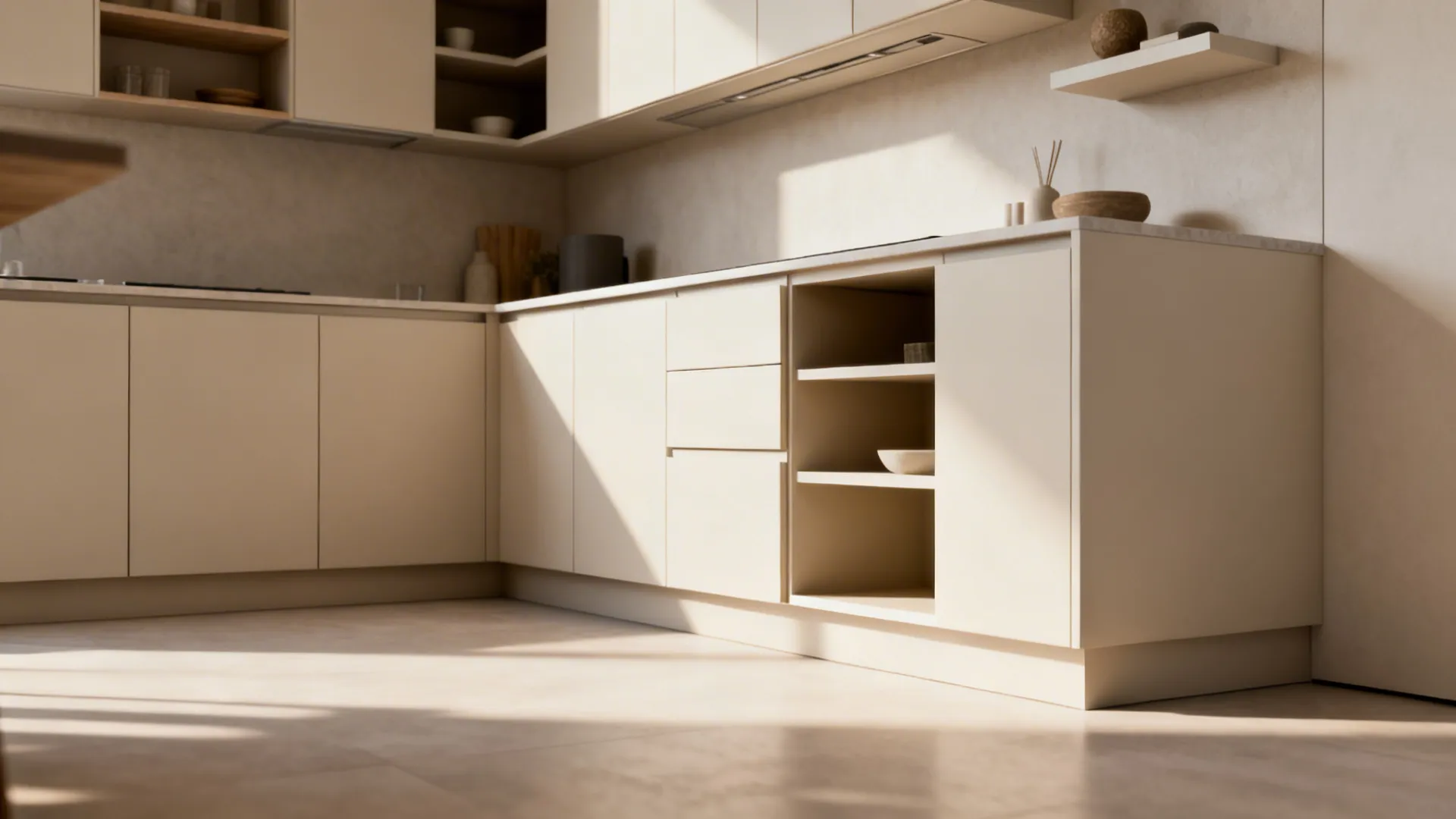 Floating wall-mounted cabinets and open shelves in a small L-shaped kitchen creating an airy sightline.