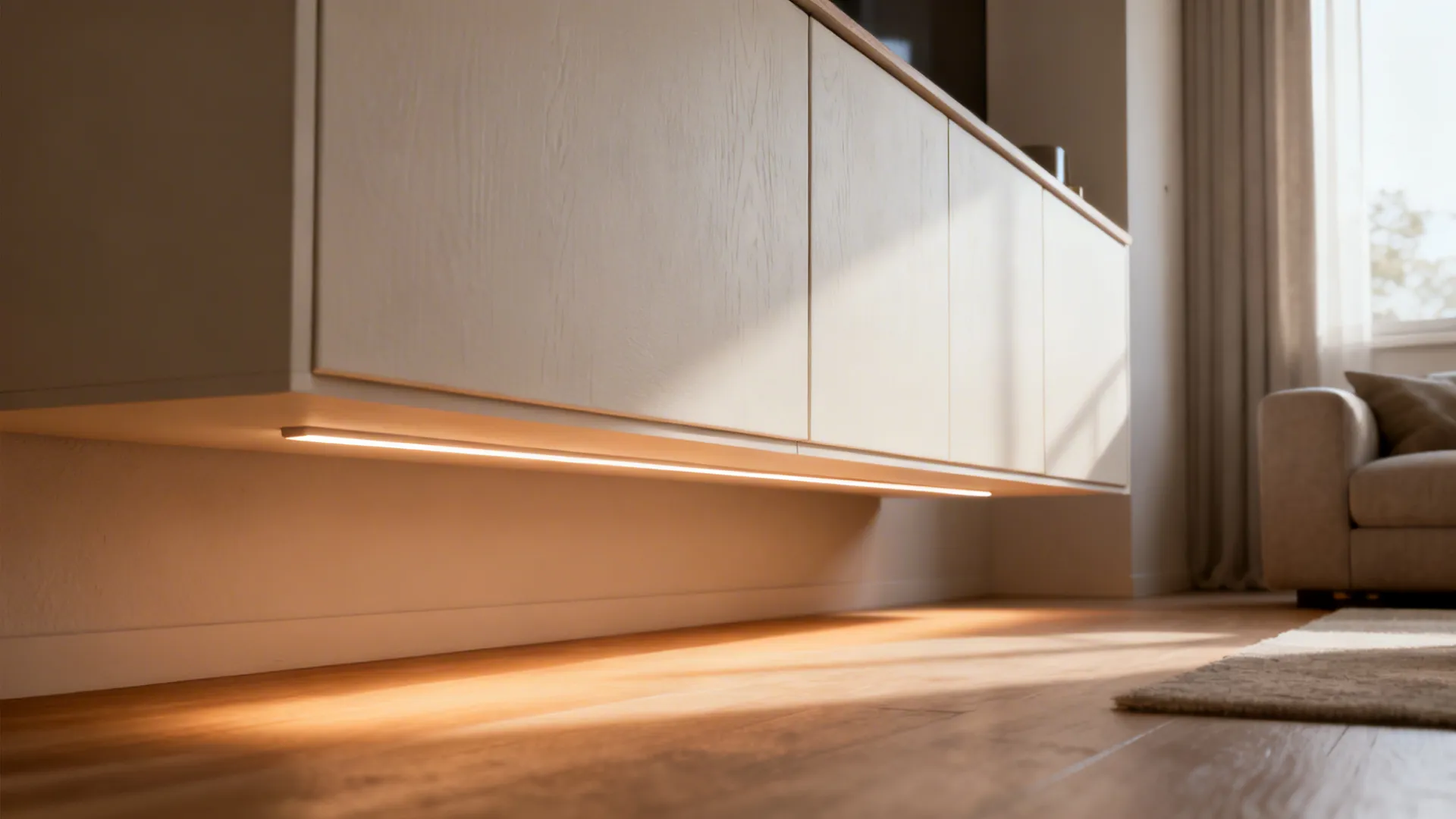 Floating cabinets with warm LED accent lighting beneath them.