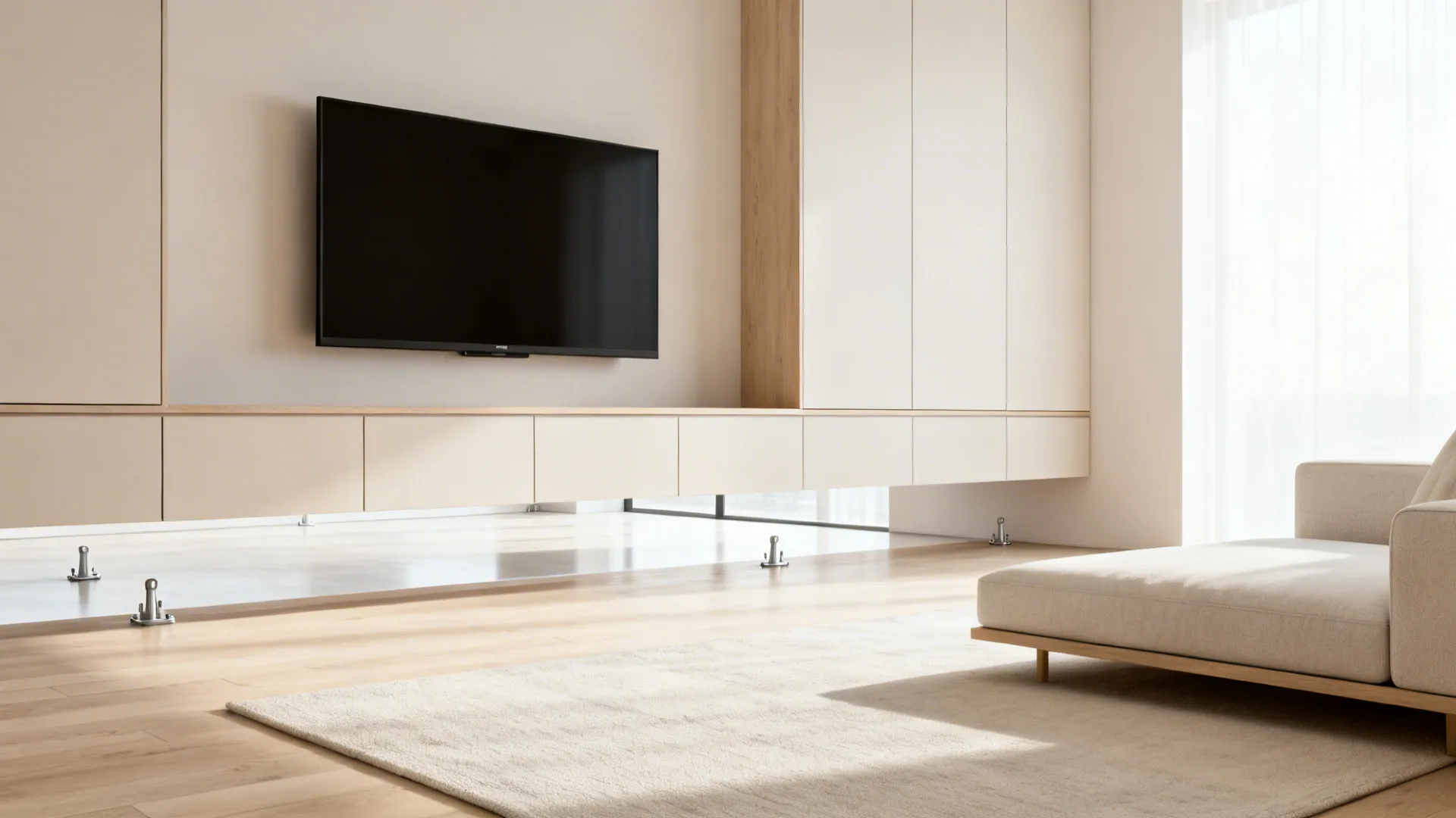 Minimalist small living room with a wall-mounted TV above floating cabinets and open floor below, Scandinavian aesthetics.