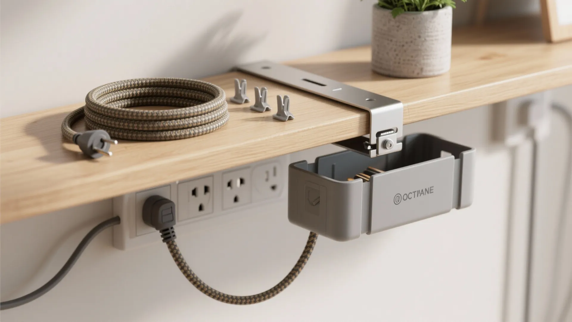 4. Floating shelf with removable power caddy