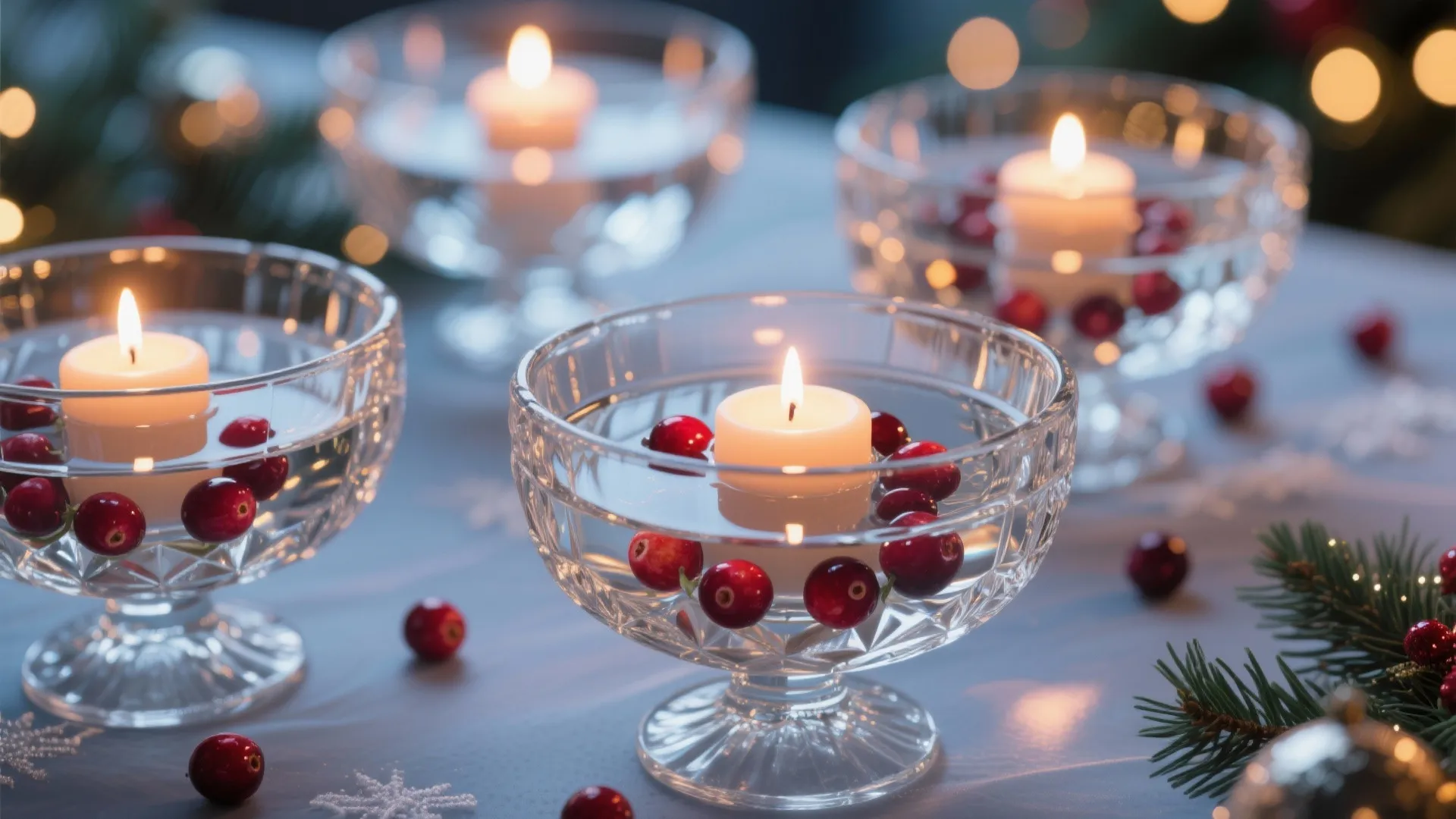 Crystal glass bowls with floating white candles and red berries on a blue holiday table