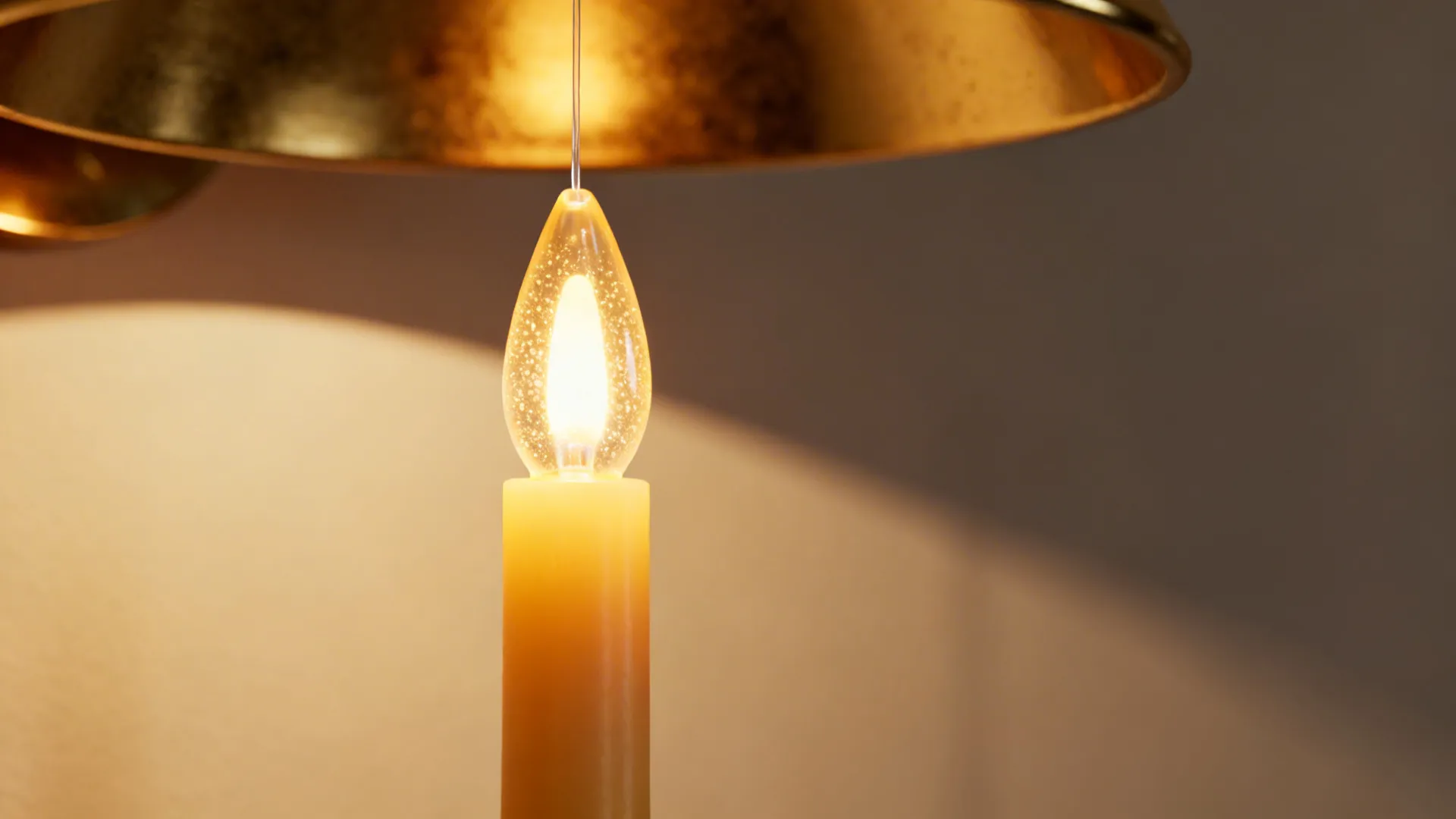 Close up of decorative candle light bulb with gold shade and warm glowing home light fixture