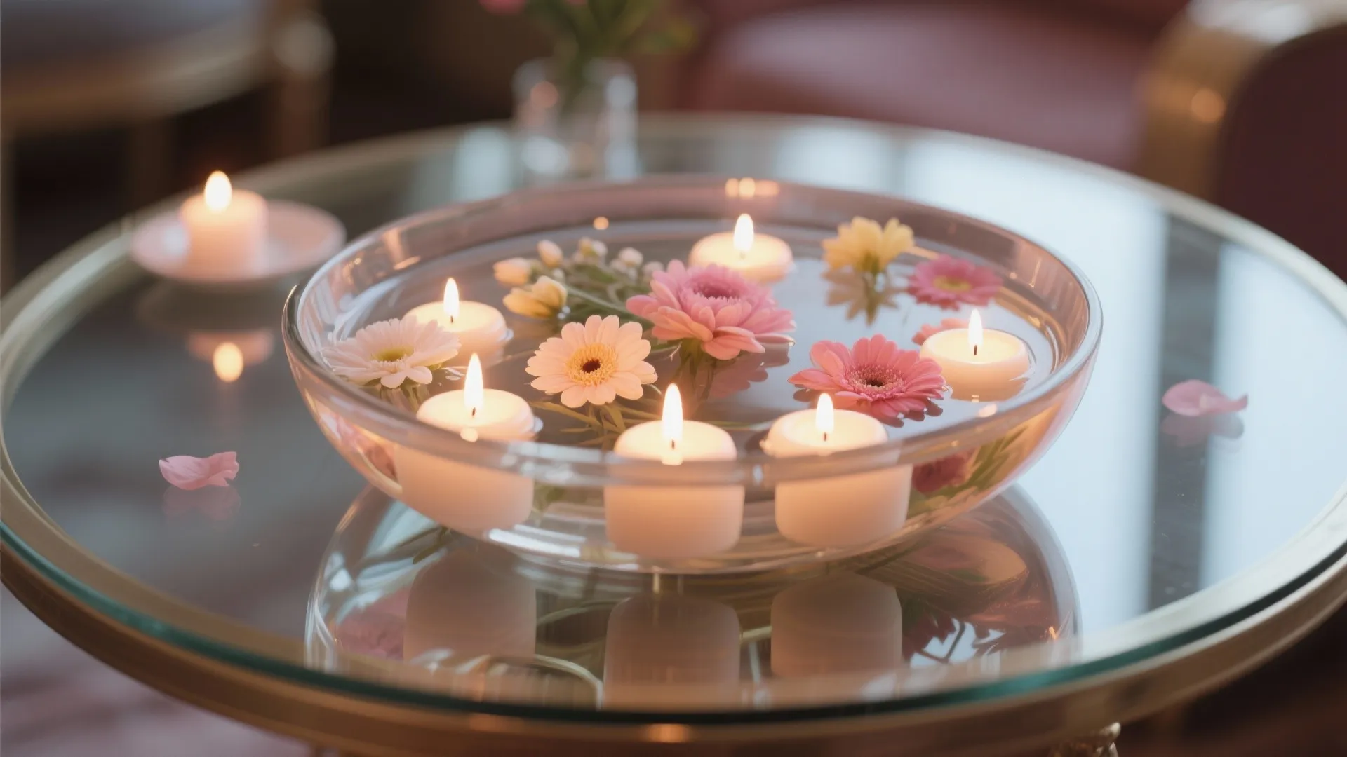 Small white candles and pink flowers floating in a clear water bowl on glass table