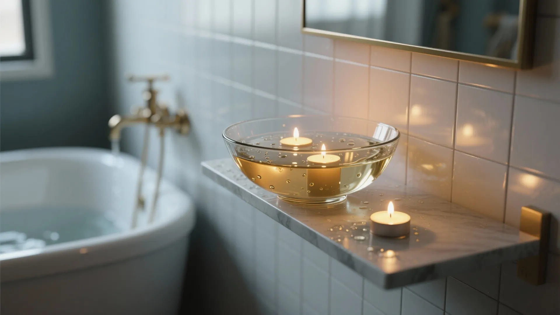 Floating lit candles in a glass bowl on a marble shelf in a modern bathroom