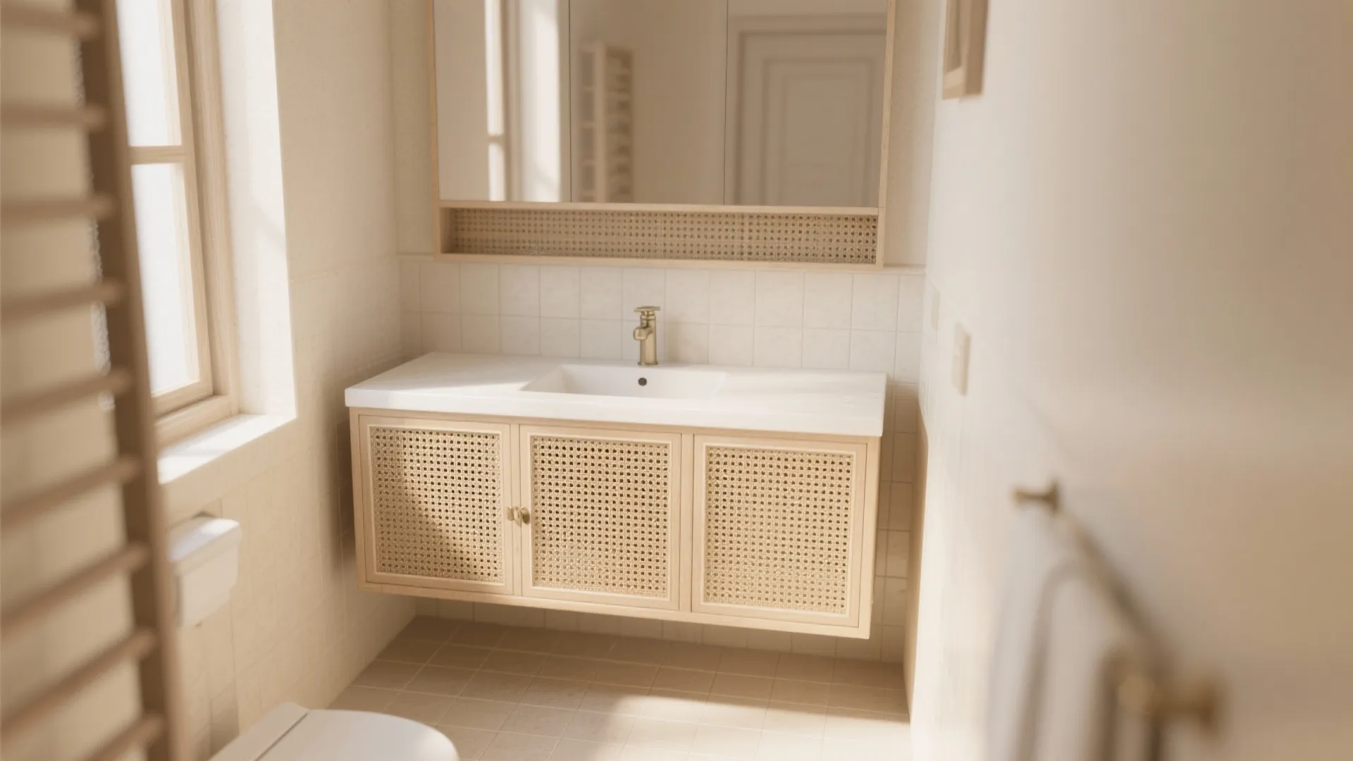 1. Floating vanity with cane doors for airy bathrooms