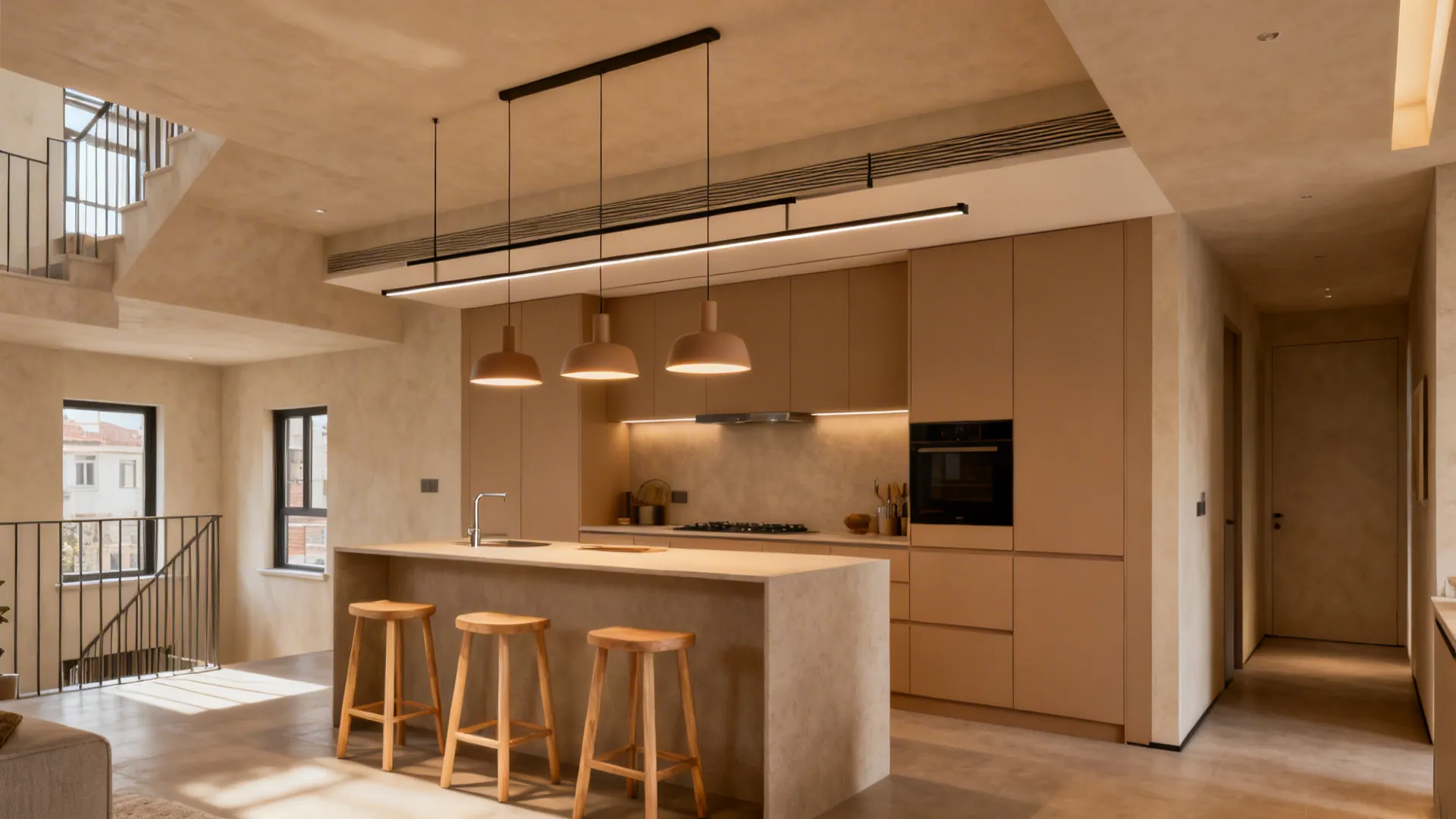 Townhouse kitchen with a thin floating canopy over the island and a sleek pendant rail with compact shades.