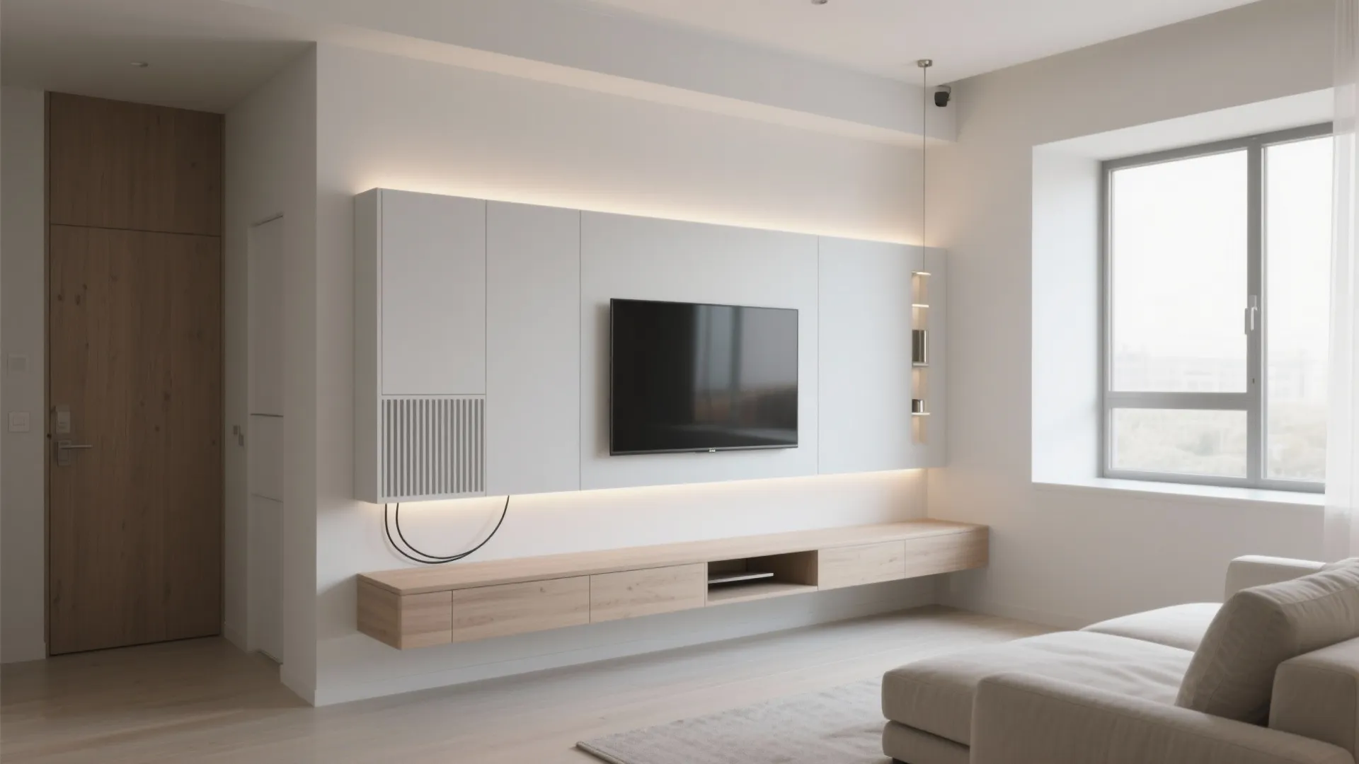 Minimalist living room showing a white wall cabinet with back lighting and a floating wooden shelf