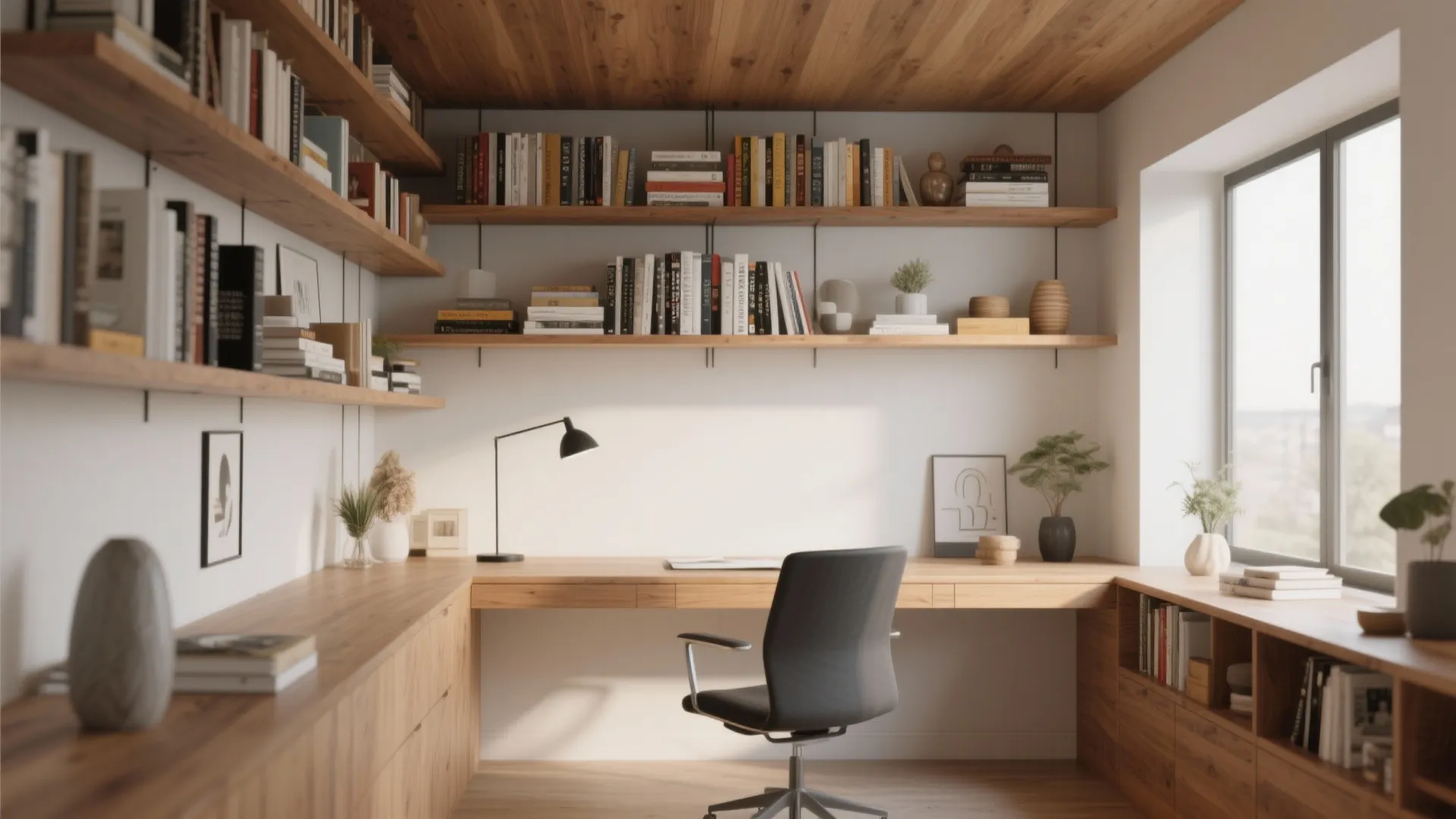 Modern home office with wooden desk and shelves under a matching wood ceiling with windows