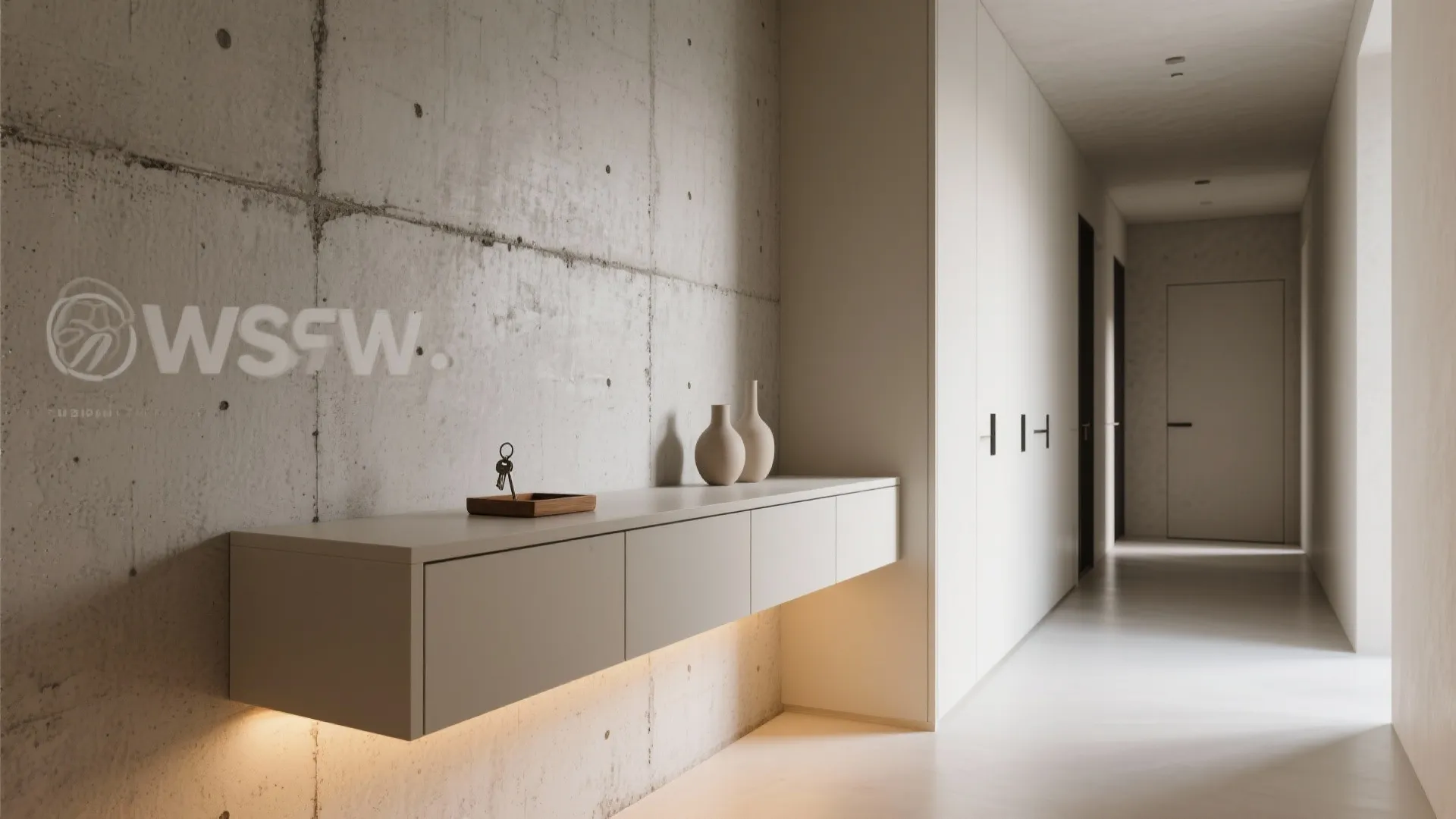 Minimalist hallway featuring a floating white cabinet with bottom lighting against a raw concrete wall