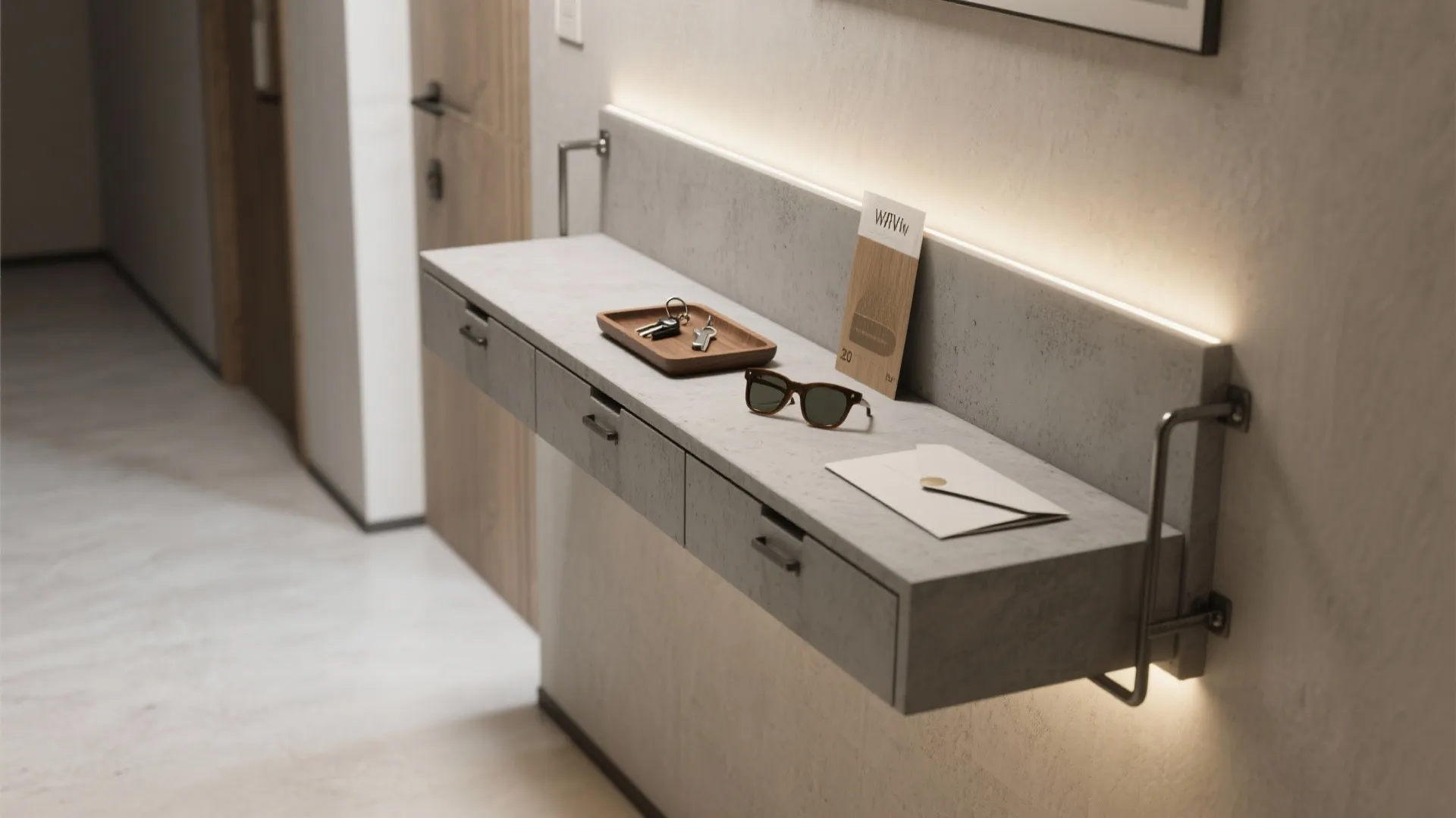 Floating Cement Console with Integrated Storage