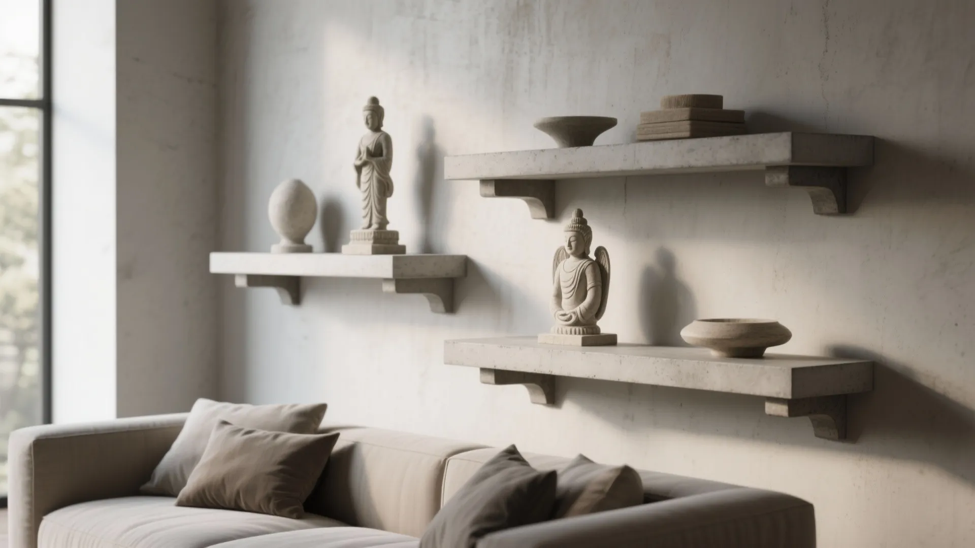 Floating cement shelves for deity placement