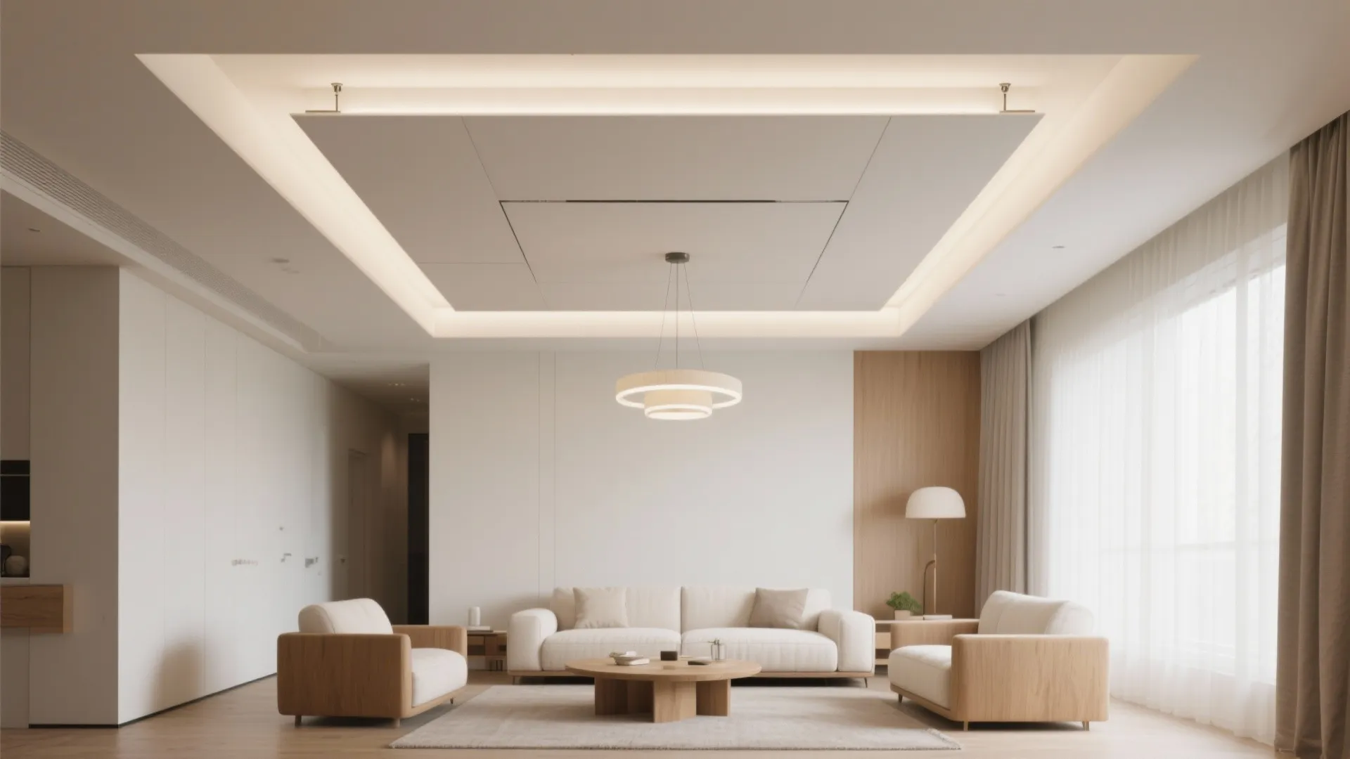 Modern living room featuring a recessed ceiling with hidden warm lights and a hanging light