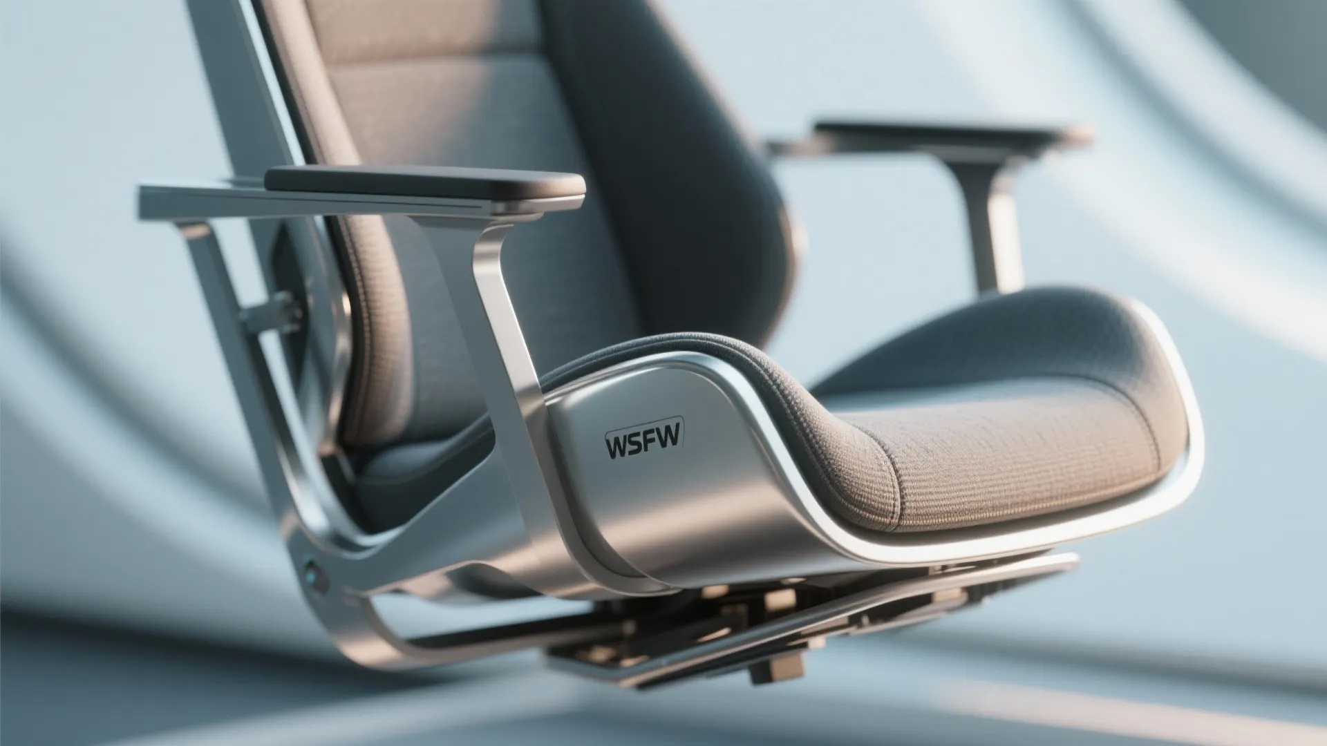 Close up view of a modern grey office chair with metal frame and soft fabric