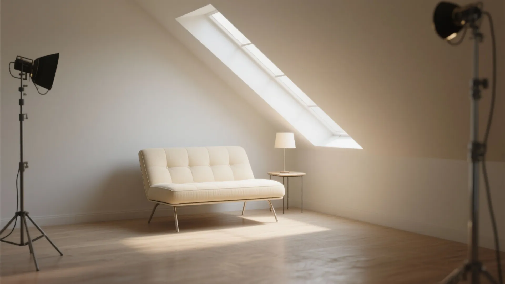 Small cream sofa in attic room with roof window wood floor and professional light fixtures