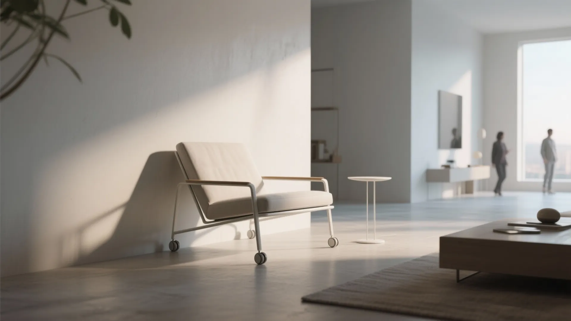 White chair with wheels and small side table in a bright modern open living room