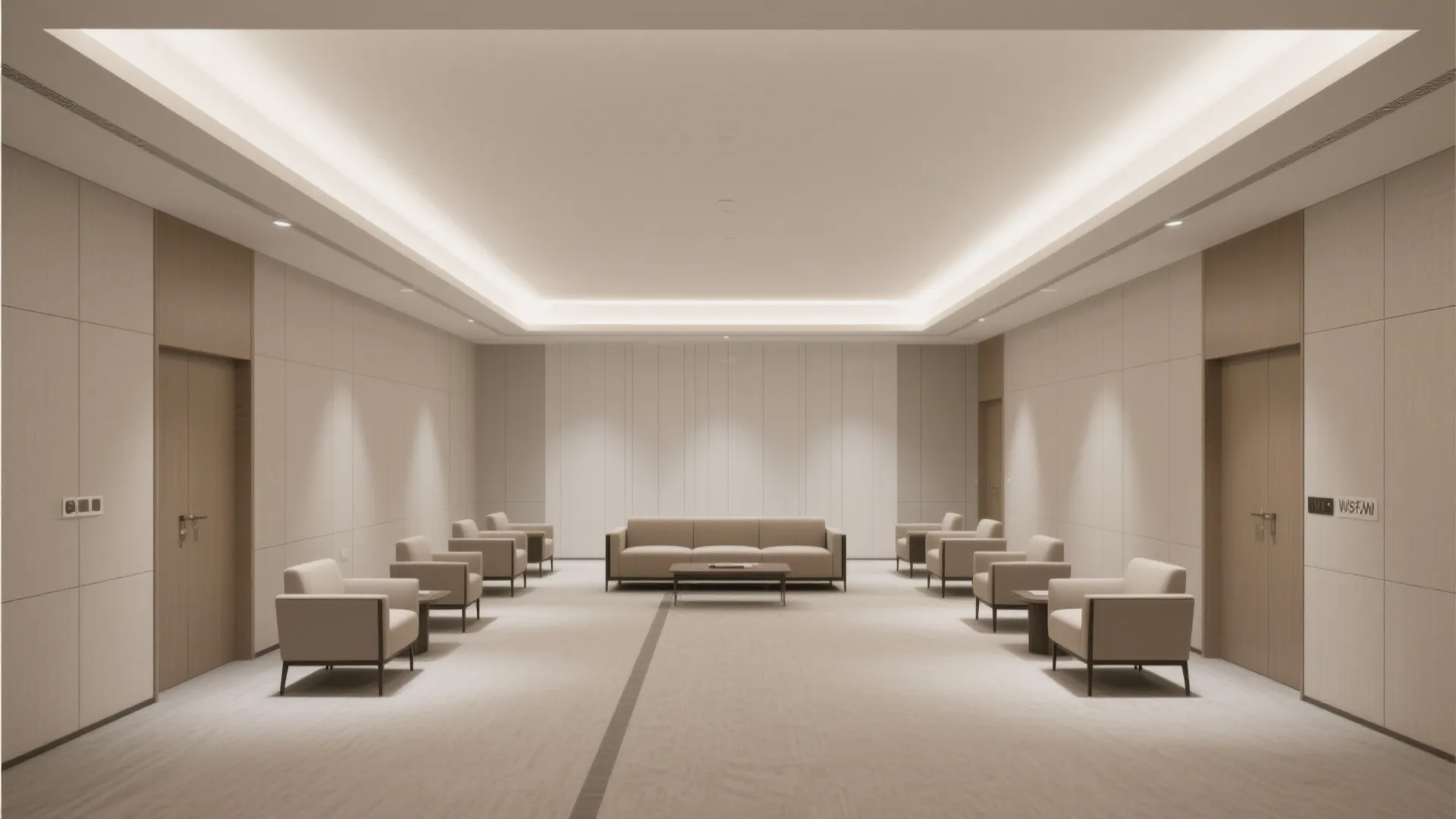 Top-down view aligning furniture zones with a recessed central ceiling channel.