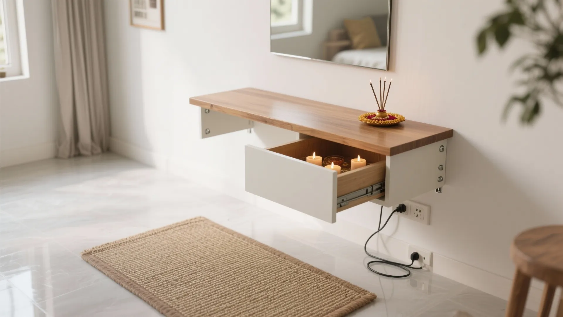 Floating wall-mounted pooja shelf with hidden drawer and clear floor in a small studio.