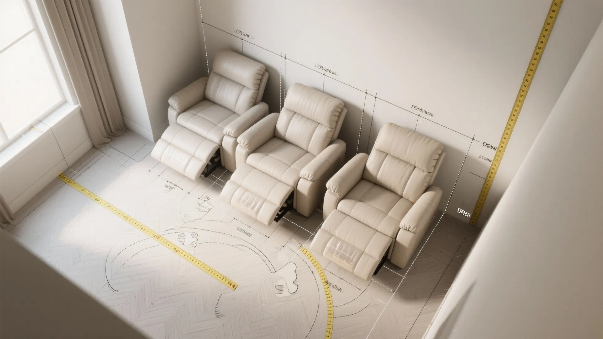 Interior design drawing showing three cream armchairs with measurement lines and a yellow tape measure