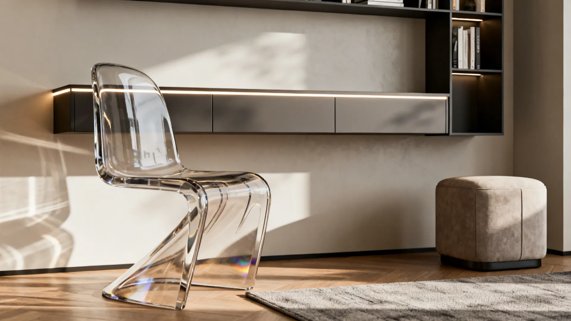 Floating wall console and acrylic chair creating visible floor space in a compact living room.