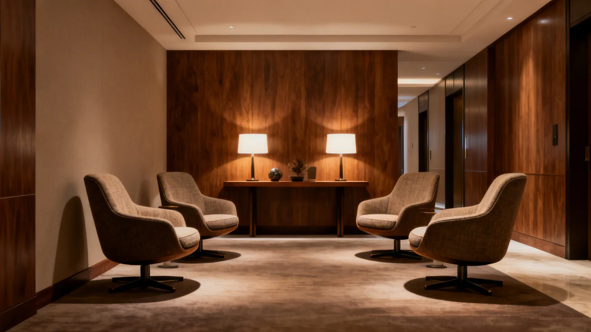 Four swivel chairs floated from the wall with a narrow console behind, creating depth.