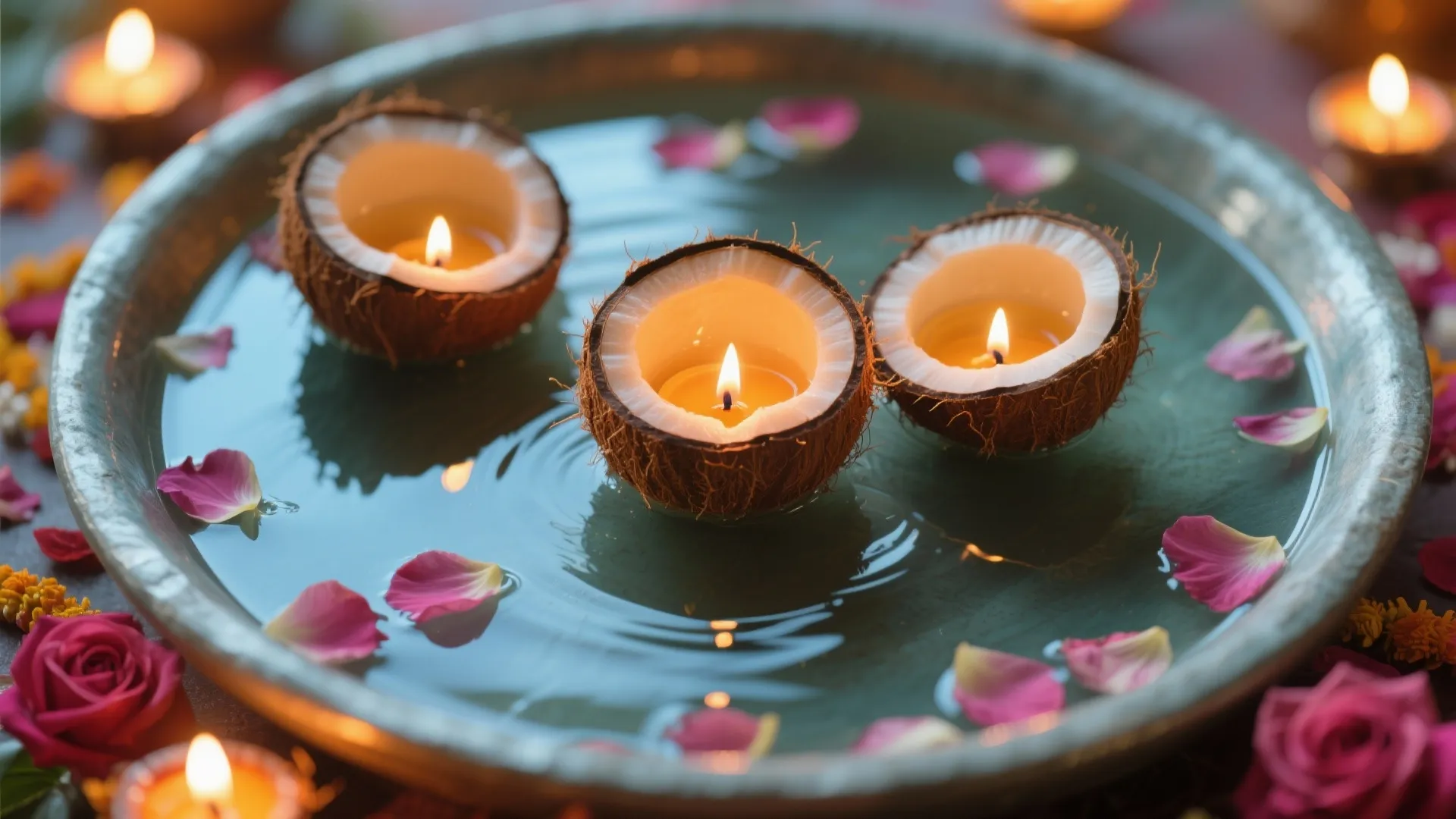 Floating hollow coconuts with diyas surrounded by rose petals