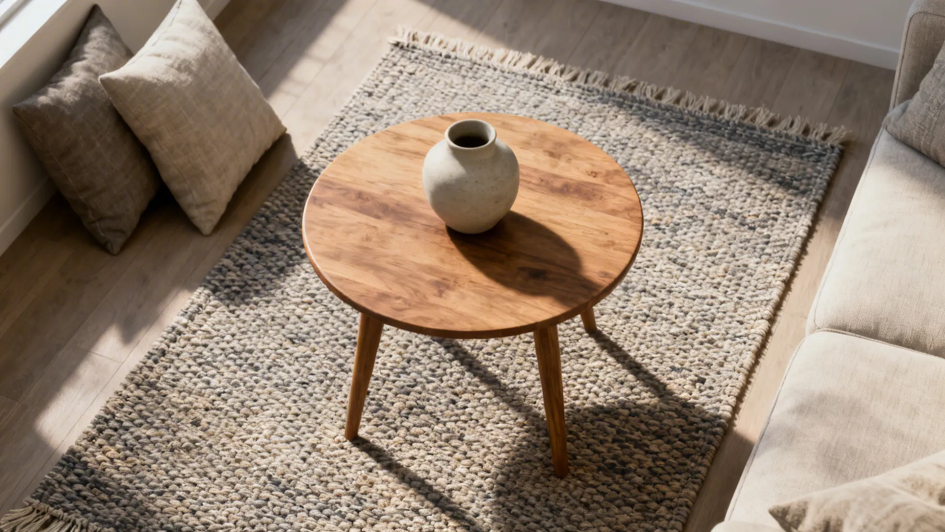 Small rug centered under a coffee table defining the conversation core in a compact living room.