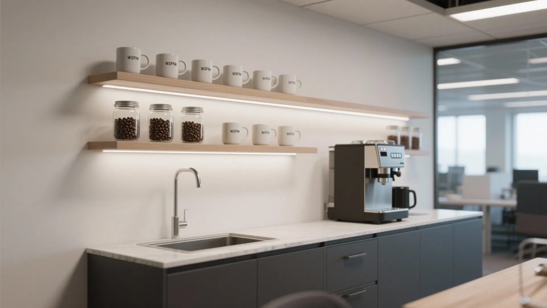 Modern office kitchen with coffee machine dark cabinets white marble counter and light wood floating shelves