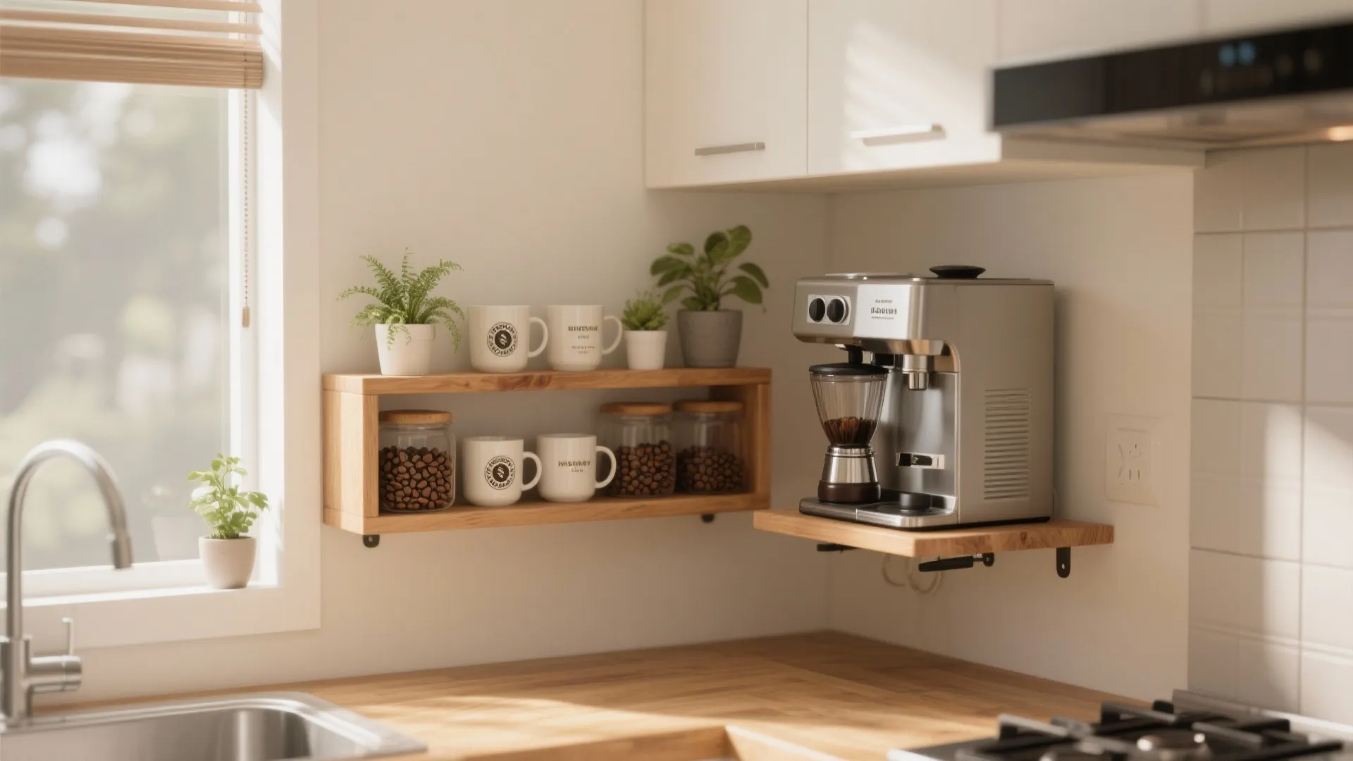 Modern kitchen coffee station with silver coffee machine on wooden shelf and mugs in jars