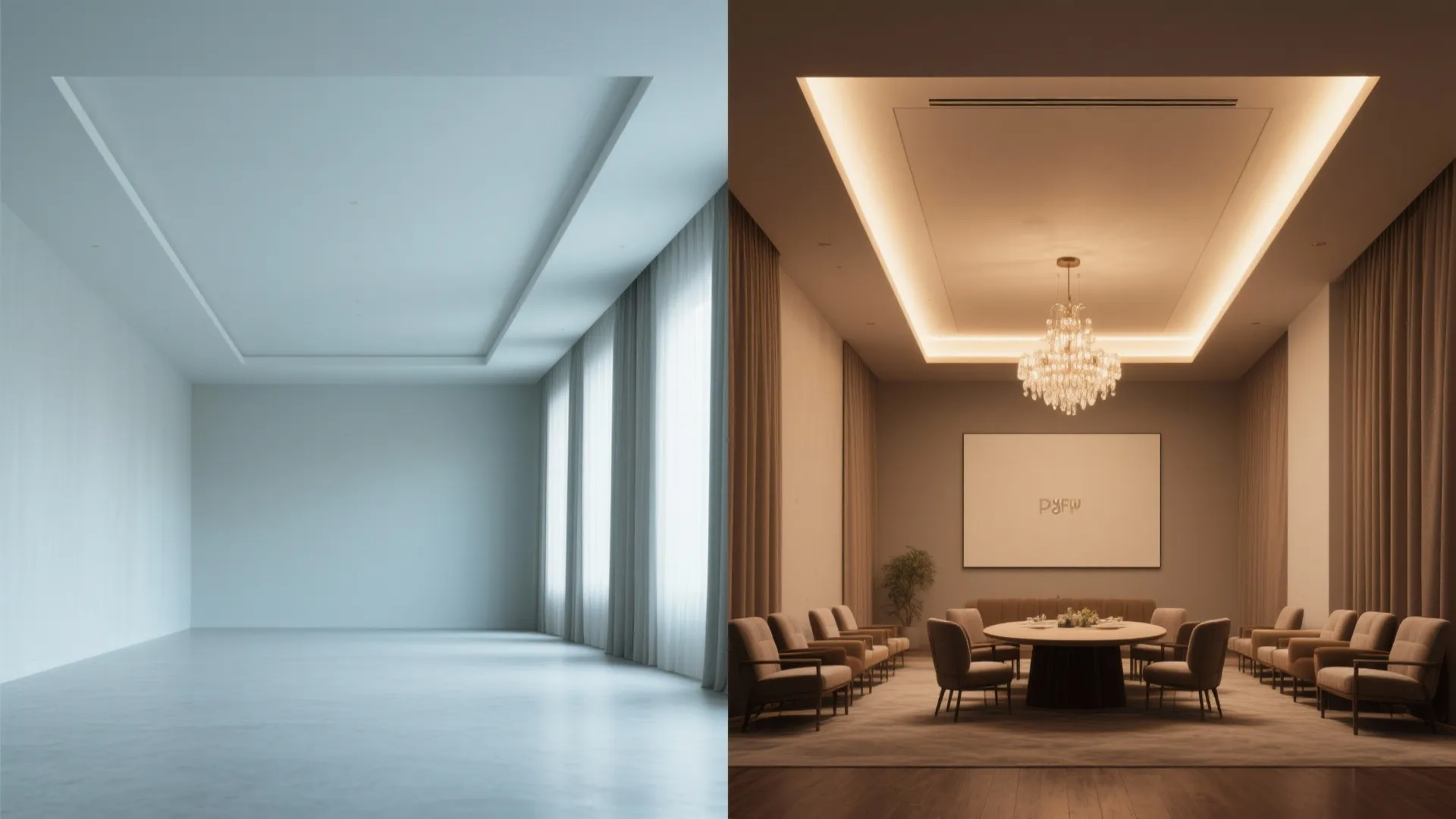 Before and after comparison of an empty room versus a finished dining room with furniture