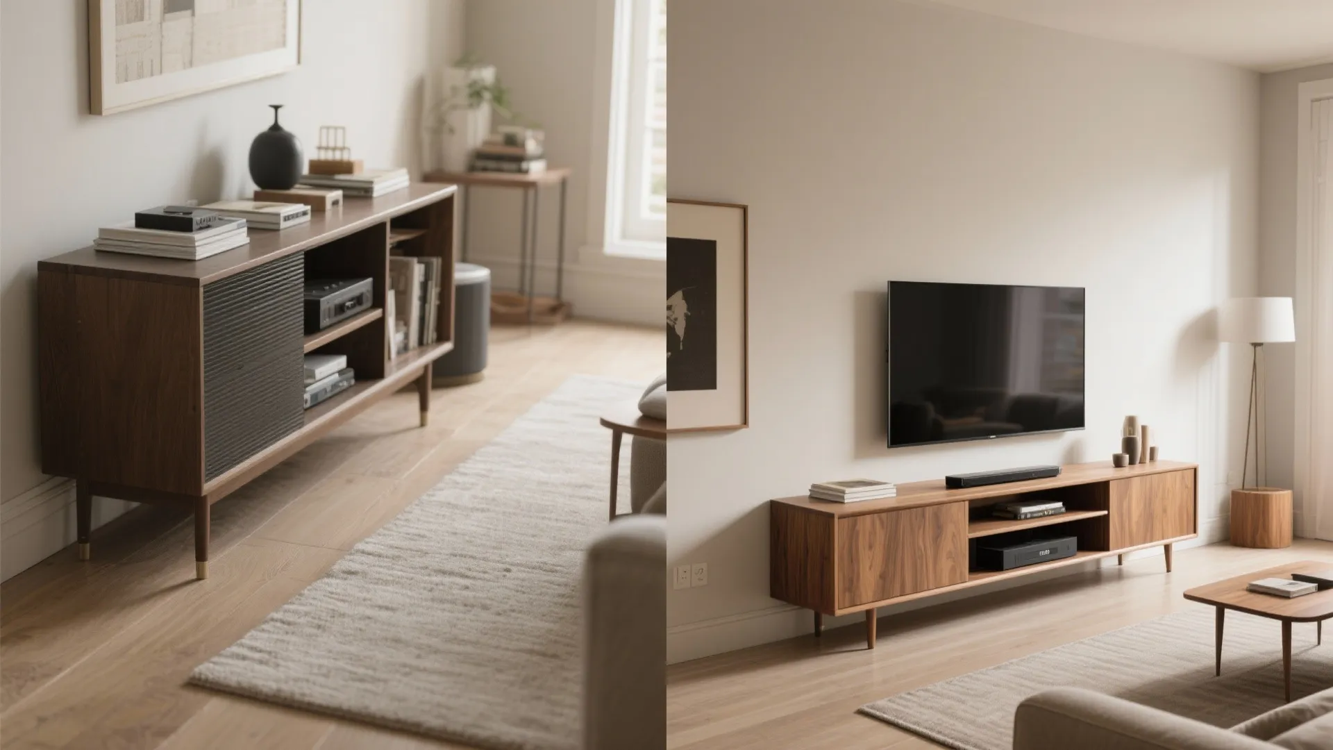 Go vertical: tall storage, open shelves, and a floating media console