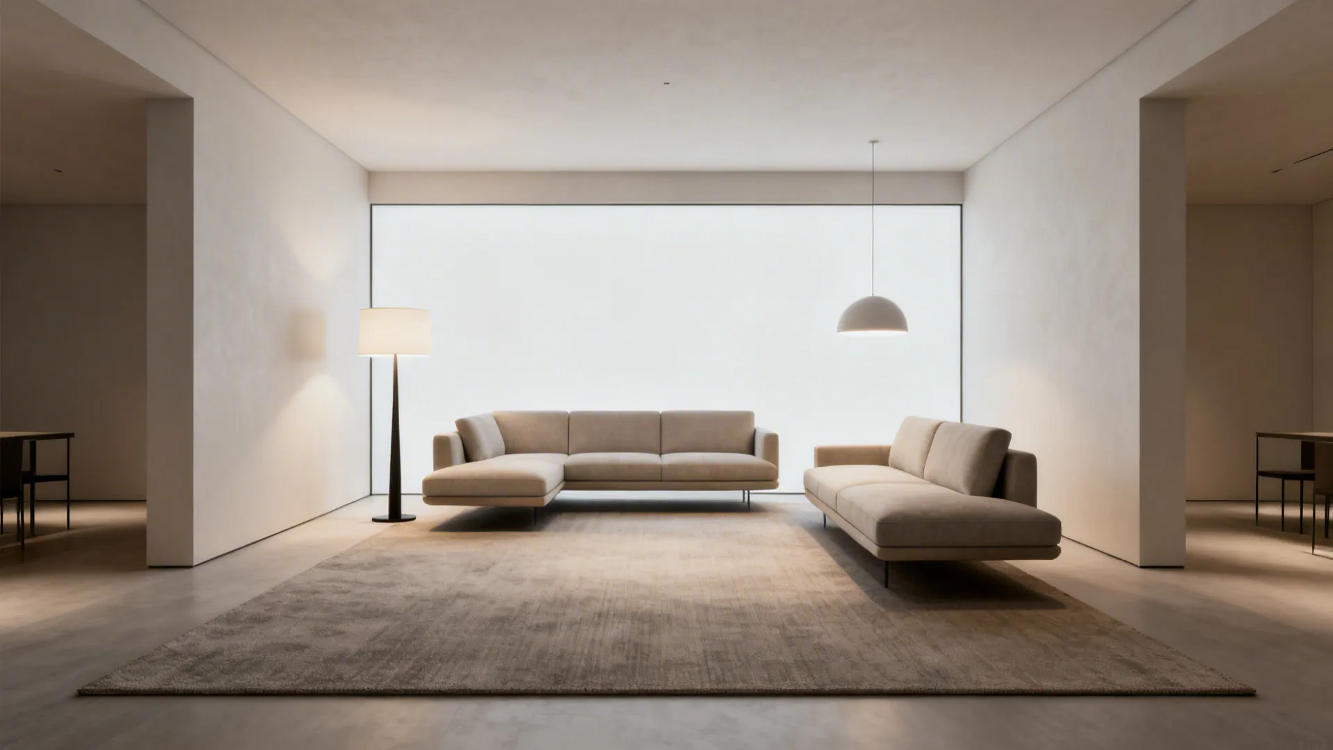 Sofa and loveseat floated from walls to form a defined seating zone anchored by a rug and lighting.