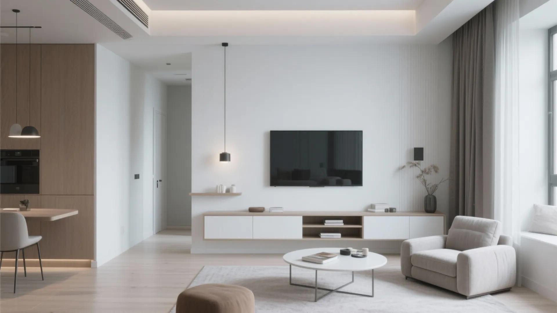 Floating wall-mounted console in compact living room