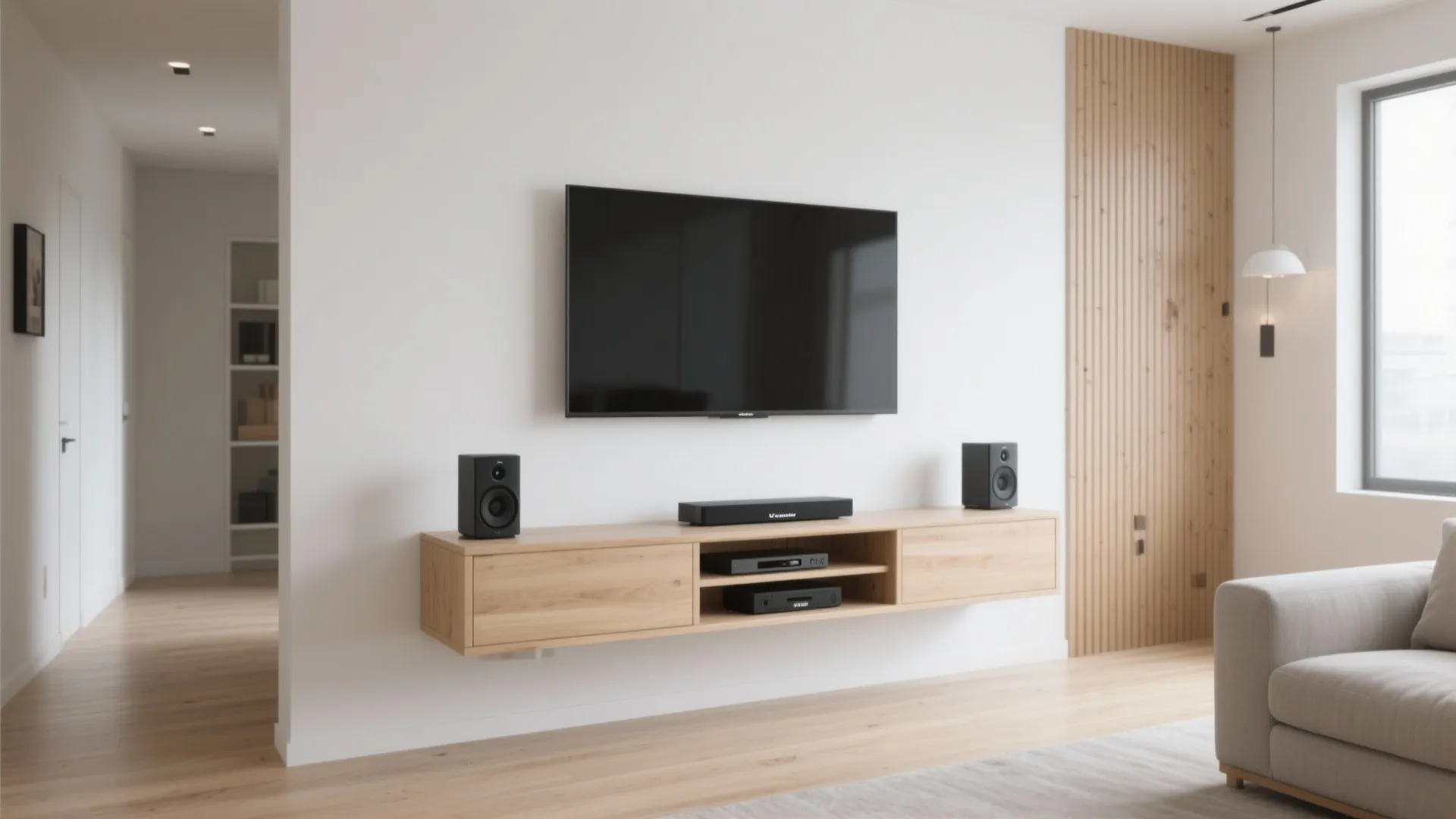 Wall mounted television above wooden floating cabinet with speakers in a bright modern home interior