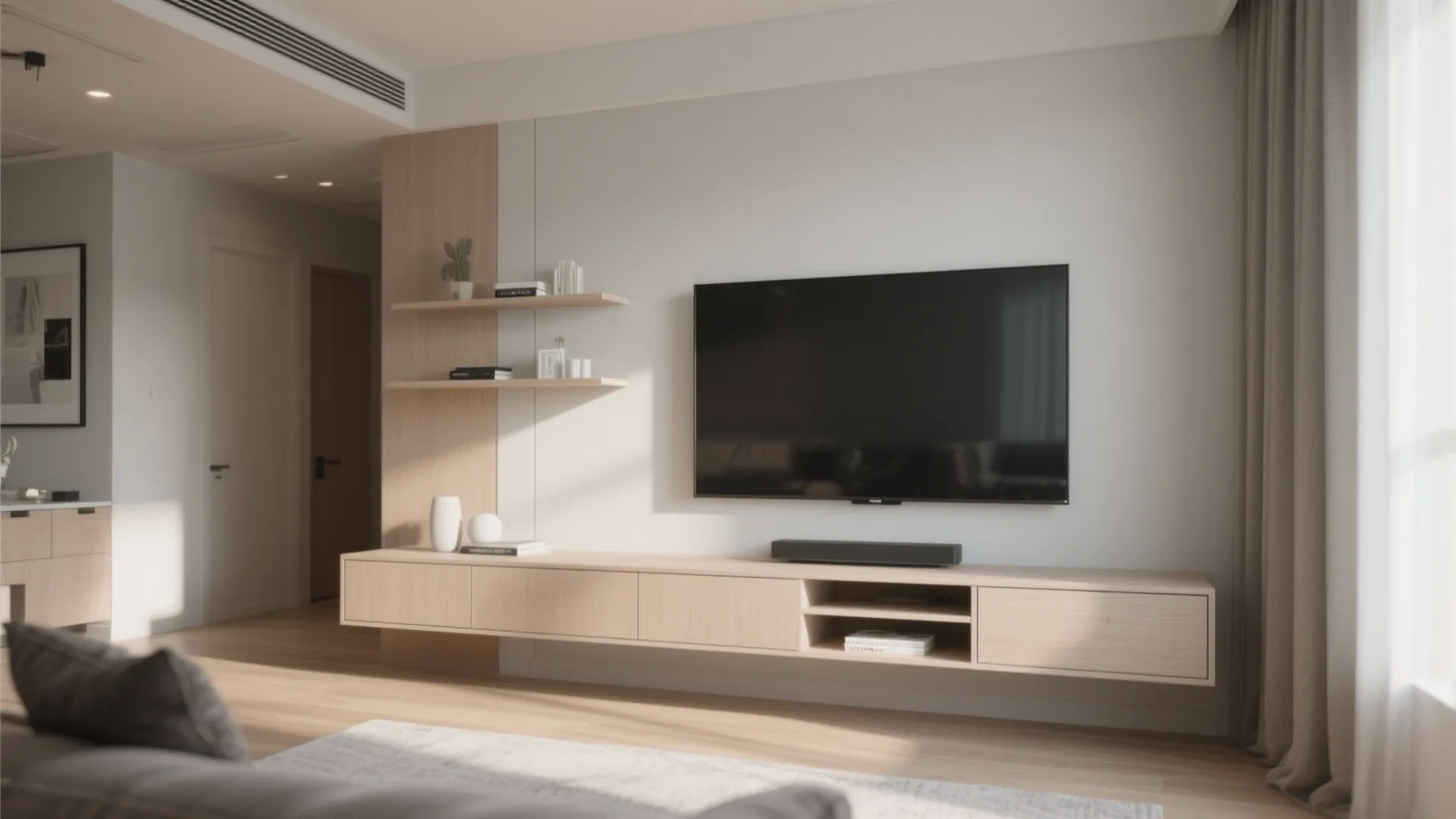 Modern living room featuring a long floating wooden cabinet under a large black wall television