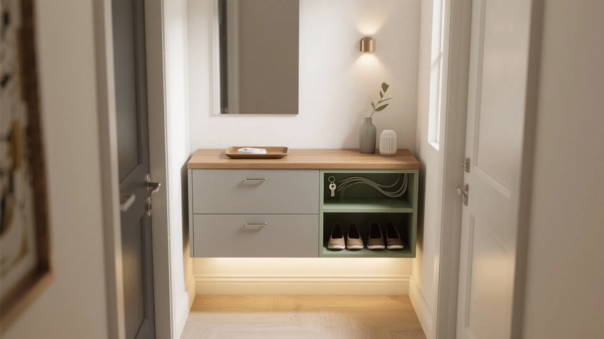 Slim floating console with concealed storage