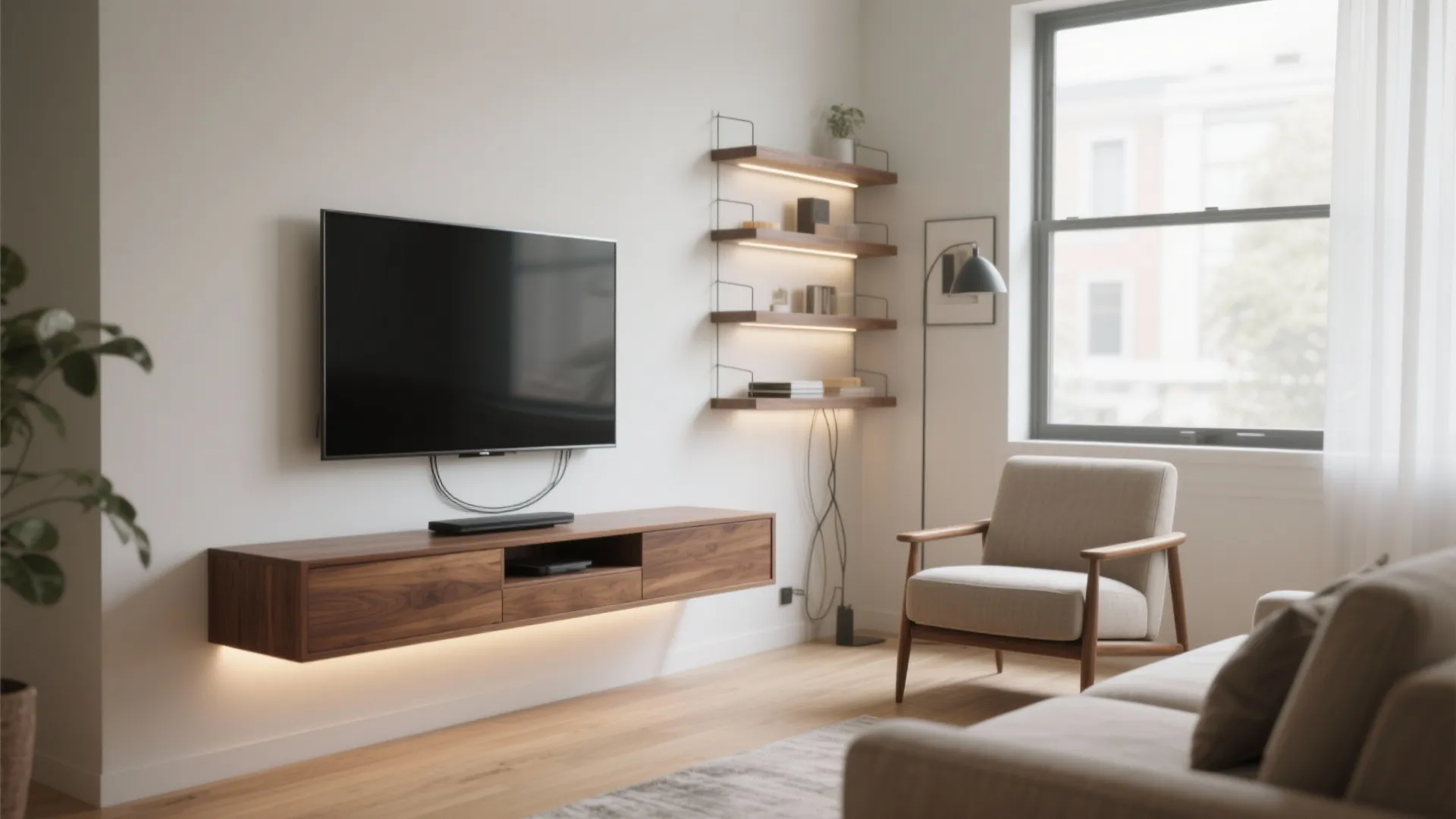 Living room wall featuring a floating wooden cabinet, flat screen television, and lighted wall shelves
