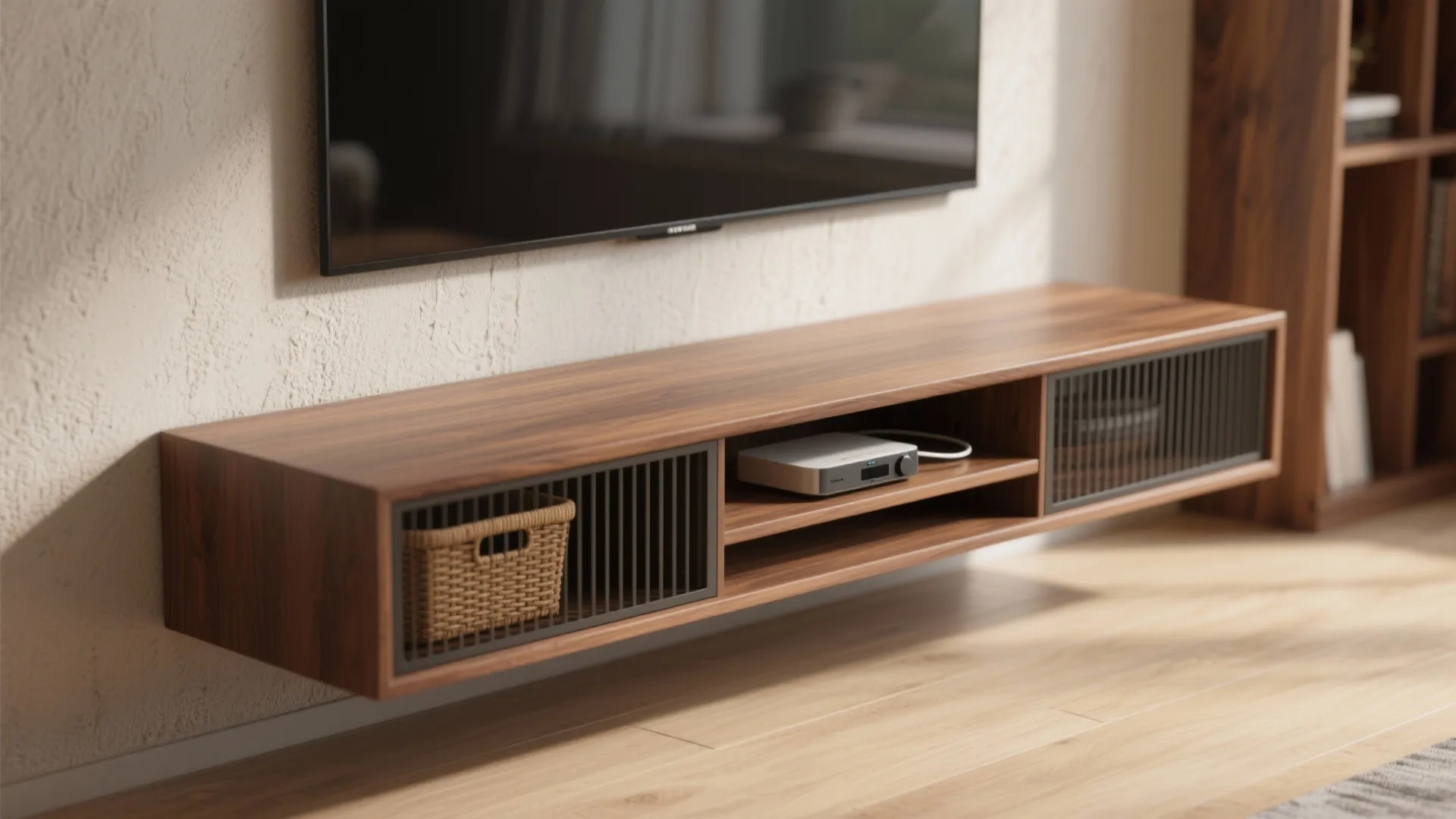 Wooden wall mounted cabinet under a television featuring metal mesh doors and a small basket