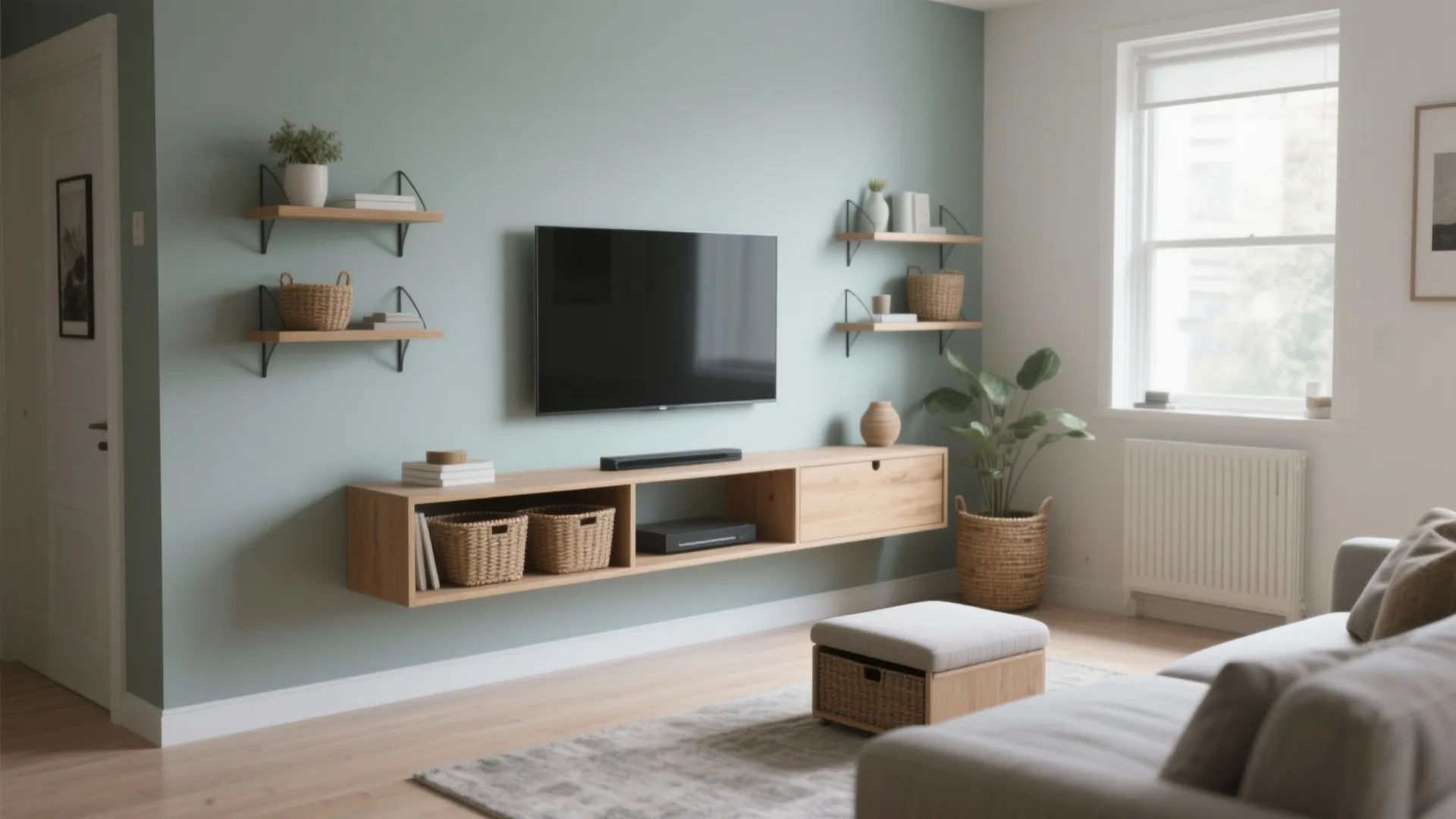 Modern living room with wall mounted wood cabinet under television and light blue painted wall