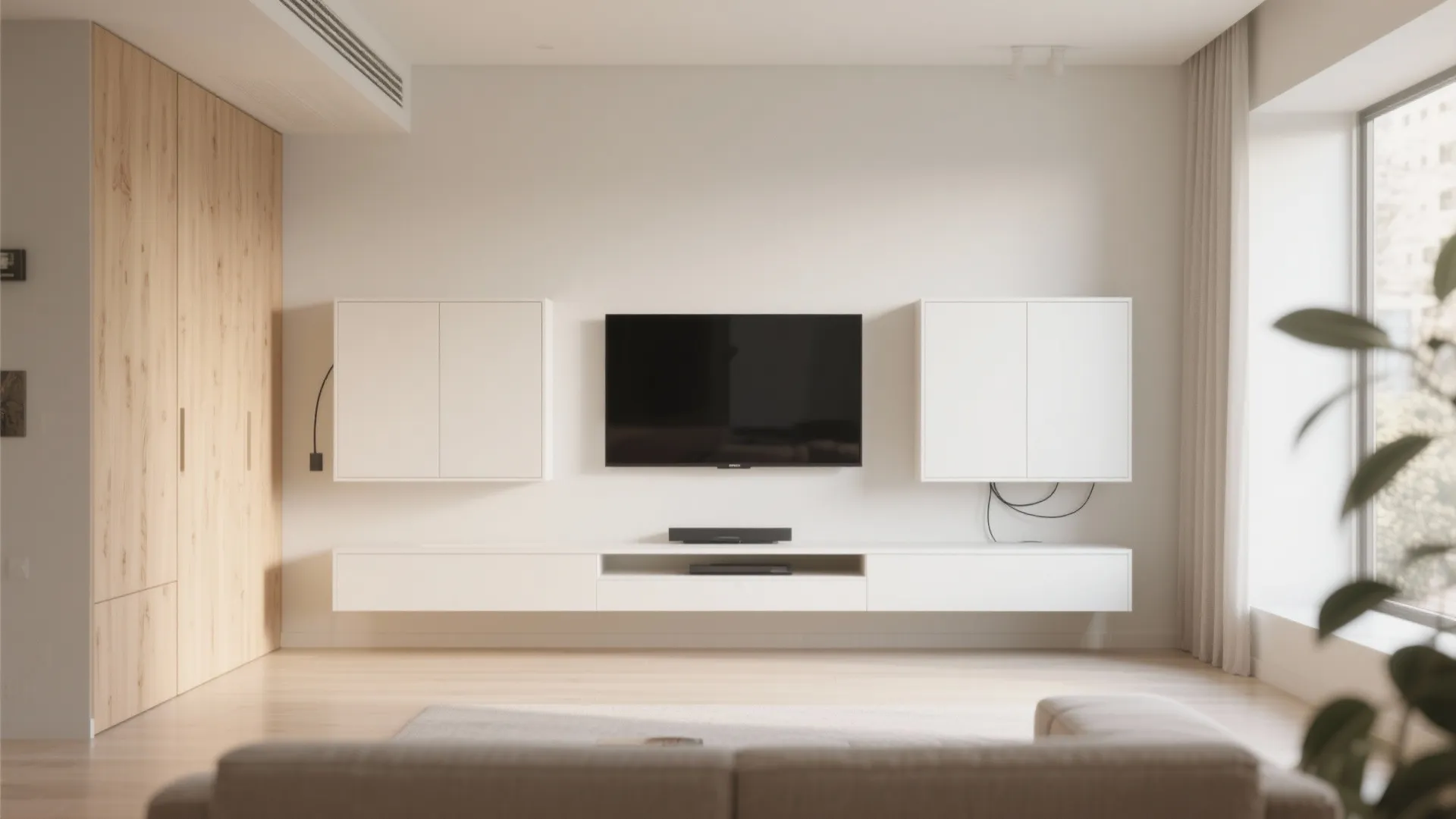 Minimalist living room with white floating cabinet under a television and wood wall panel accent