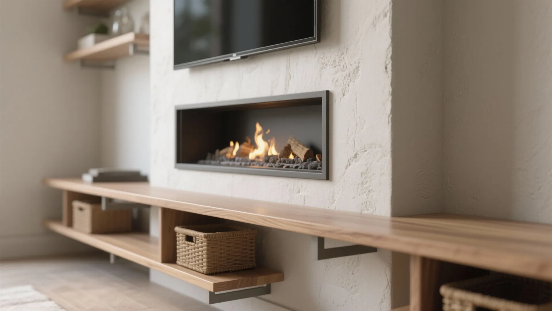 Close-up of a floating console beneath a TV and a slim mantel above a fireplace, showing wood grain and minimalist joinery.