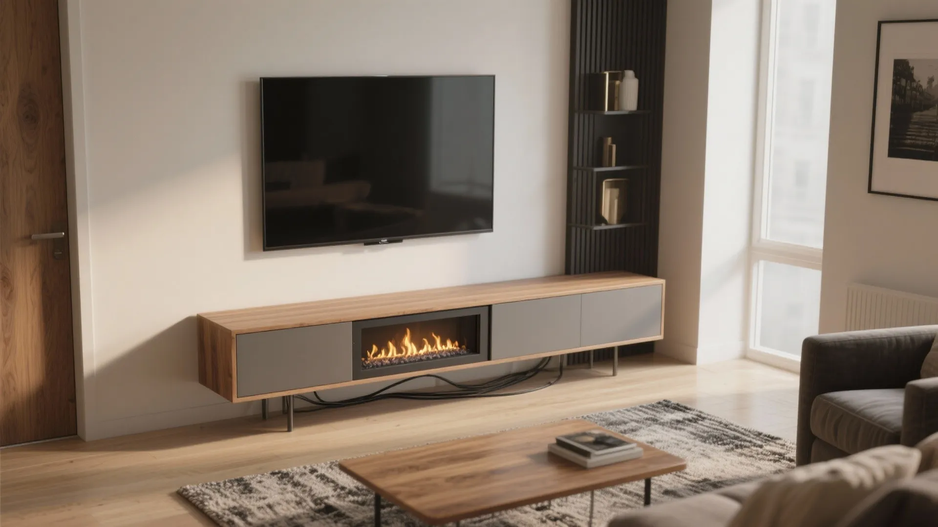4. Use a Floating Console and Electric Fireplace Insert