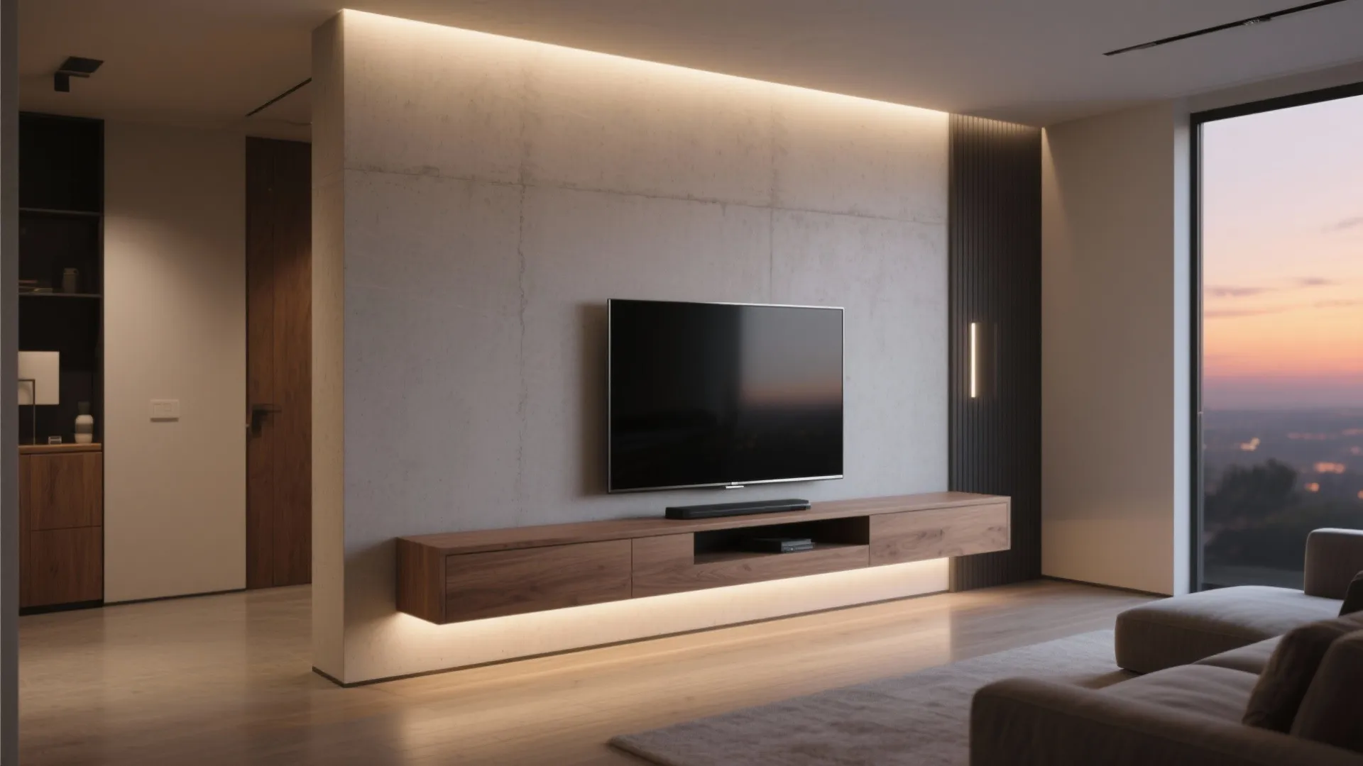 Floating Media Console with Recessed Lighting