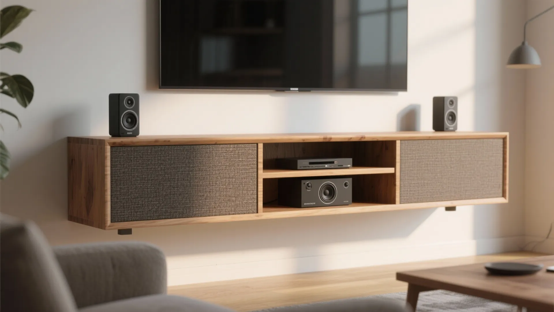 Floating media console with integrated down-firing sub and satellite speakers in a warm wood finish.