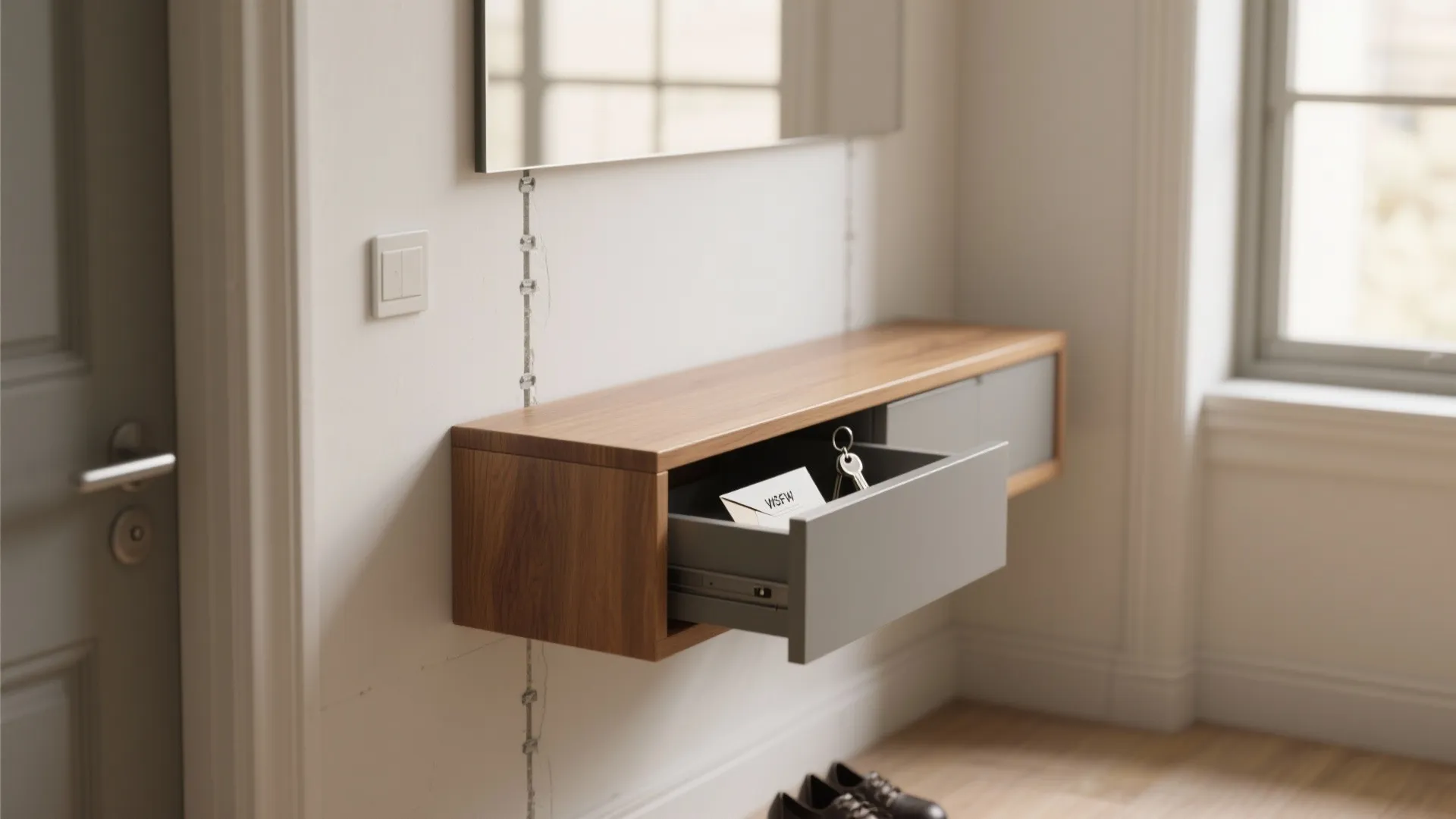 Modern wood floating cabinet in hallway with an open drawer holding keys and an envelope
