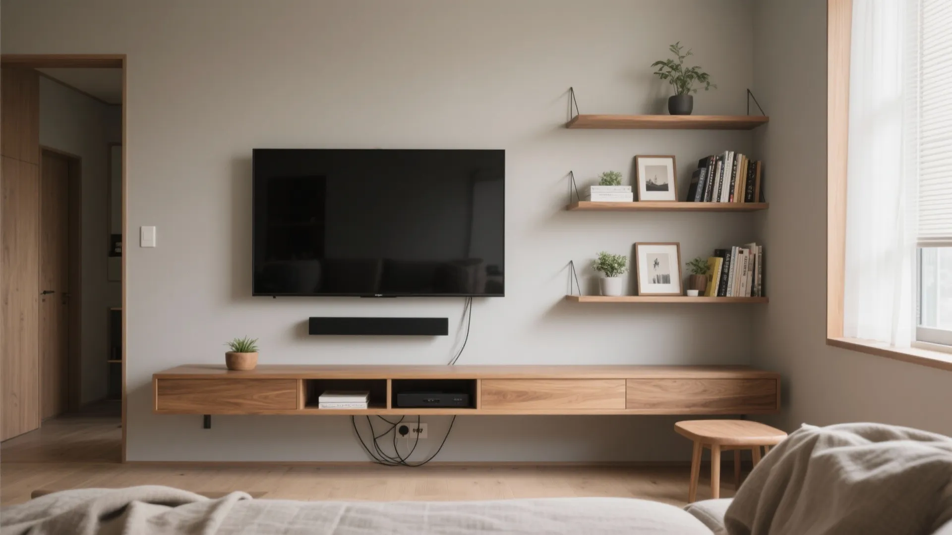 3) Floating Media Console and Asymmetrical Shelving