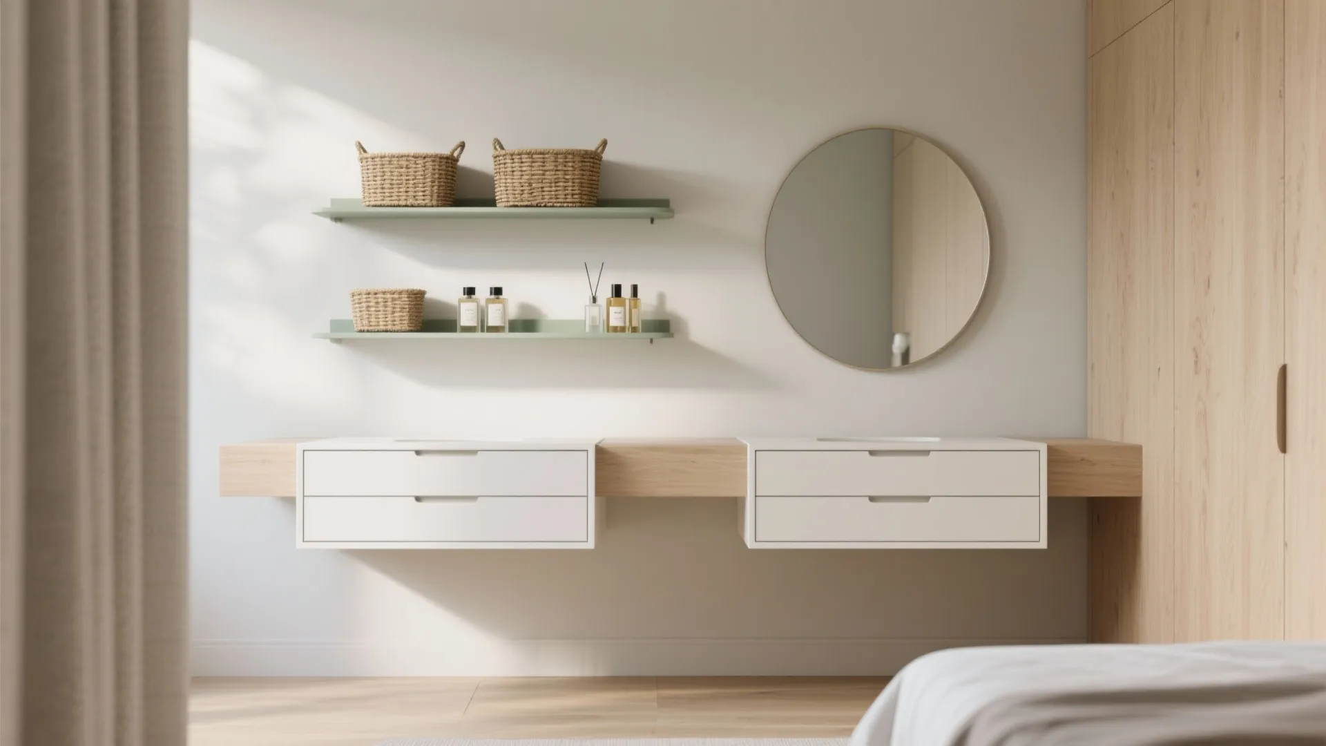 Floating Drawer Console + Wall Shelves (A Slim Dressing Station)