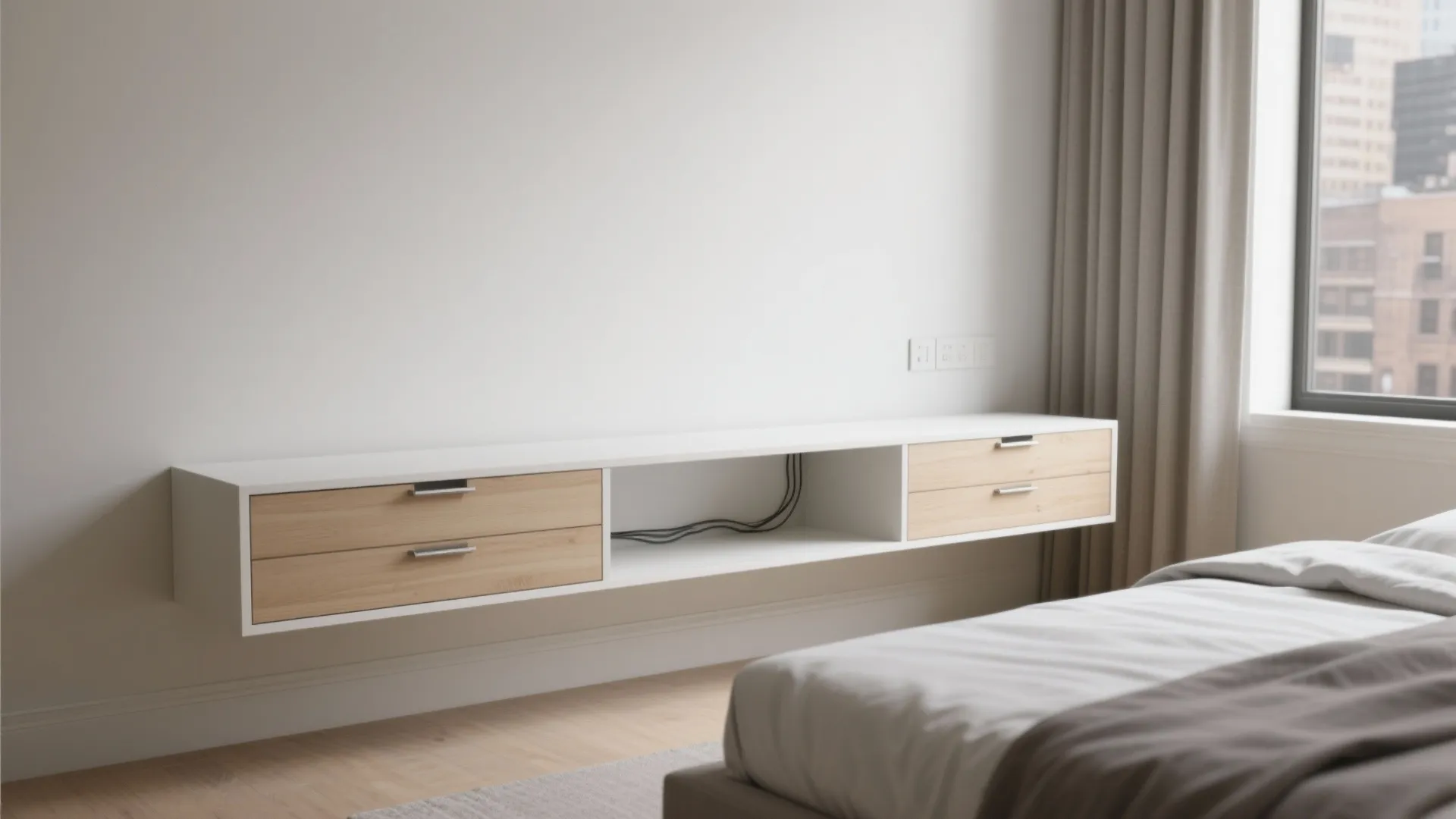 Floating console dresser for small rooms, wall-mounted shallow drawers with clear floor beneath, light wood and white.