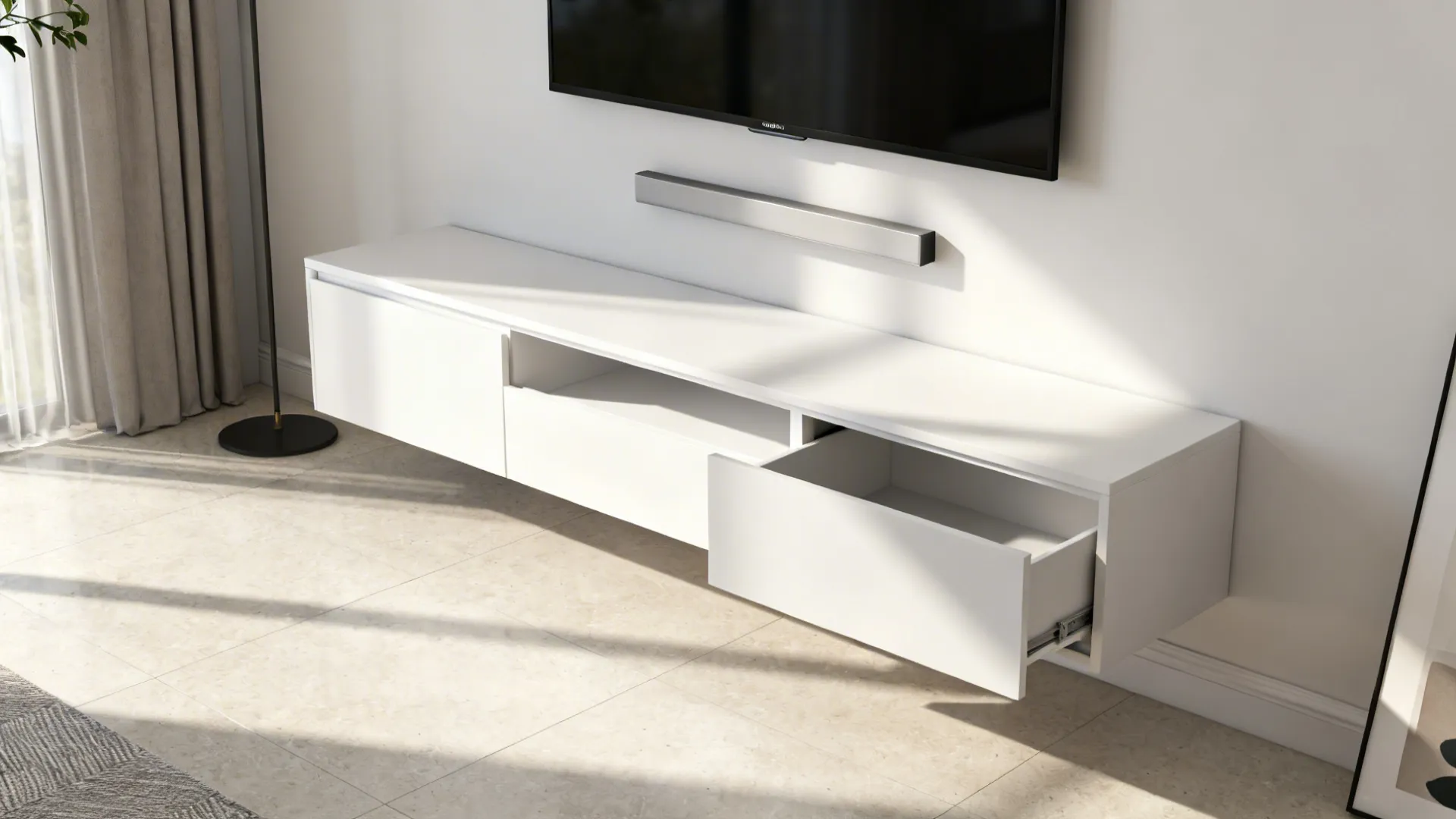 Airy studio with a floating wall-mounted console and a slim TV under soft daylight