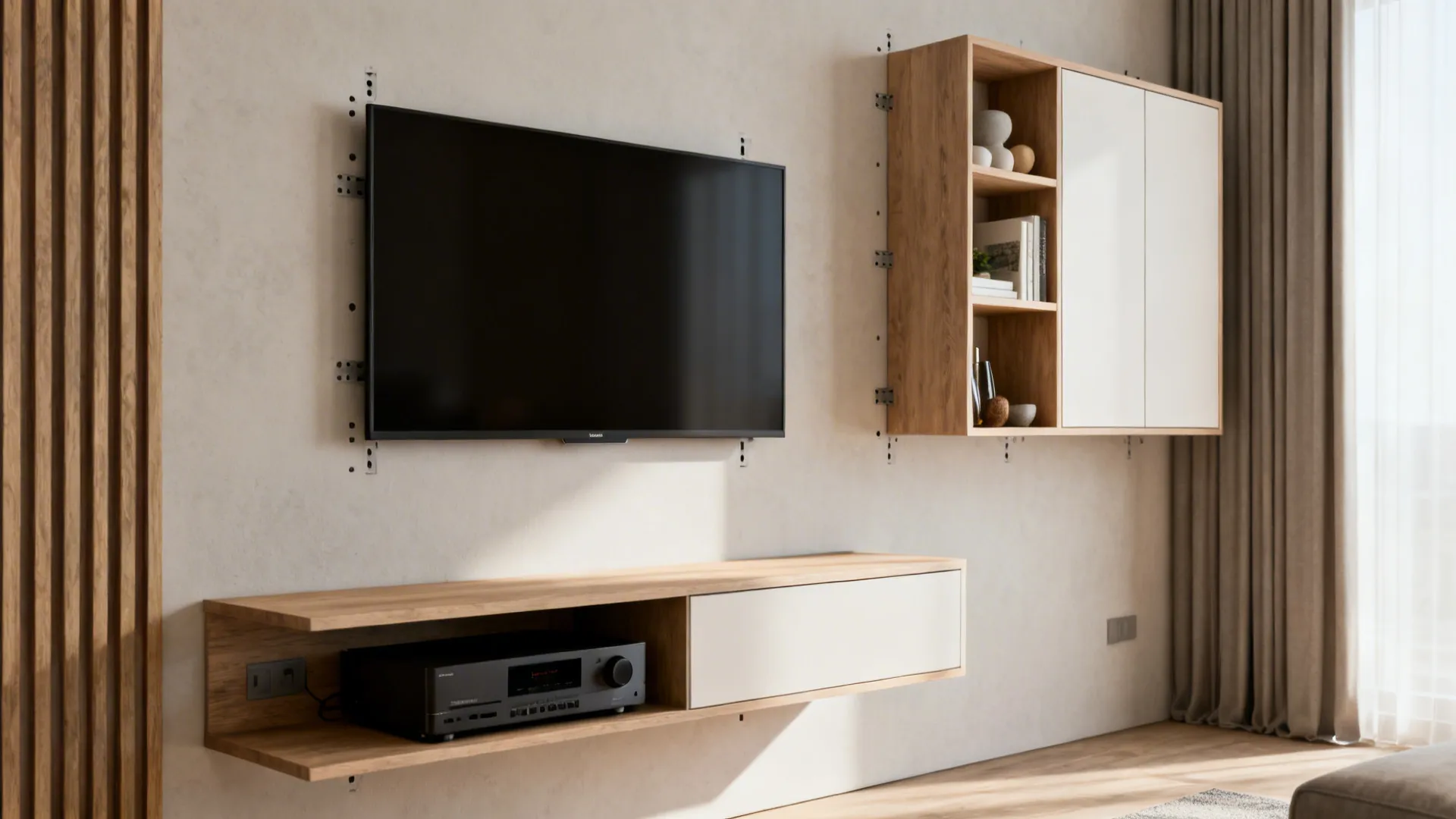 Floating console and wall-mounted cabinets in a compact living room