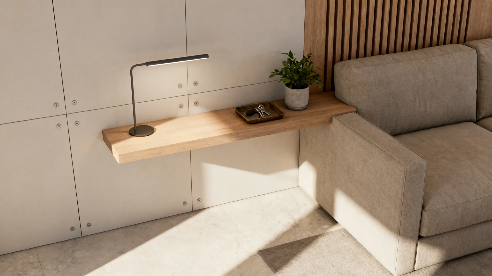 Narrow floating rectangular console mounted behind a sofa used as an end table